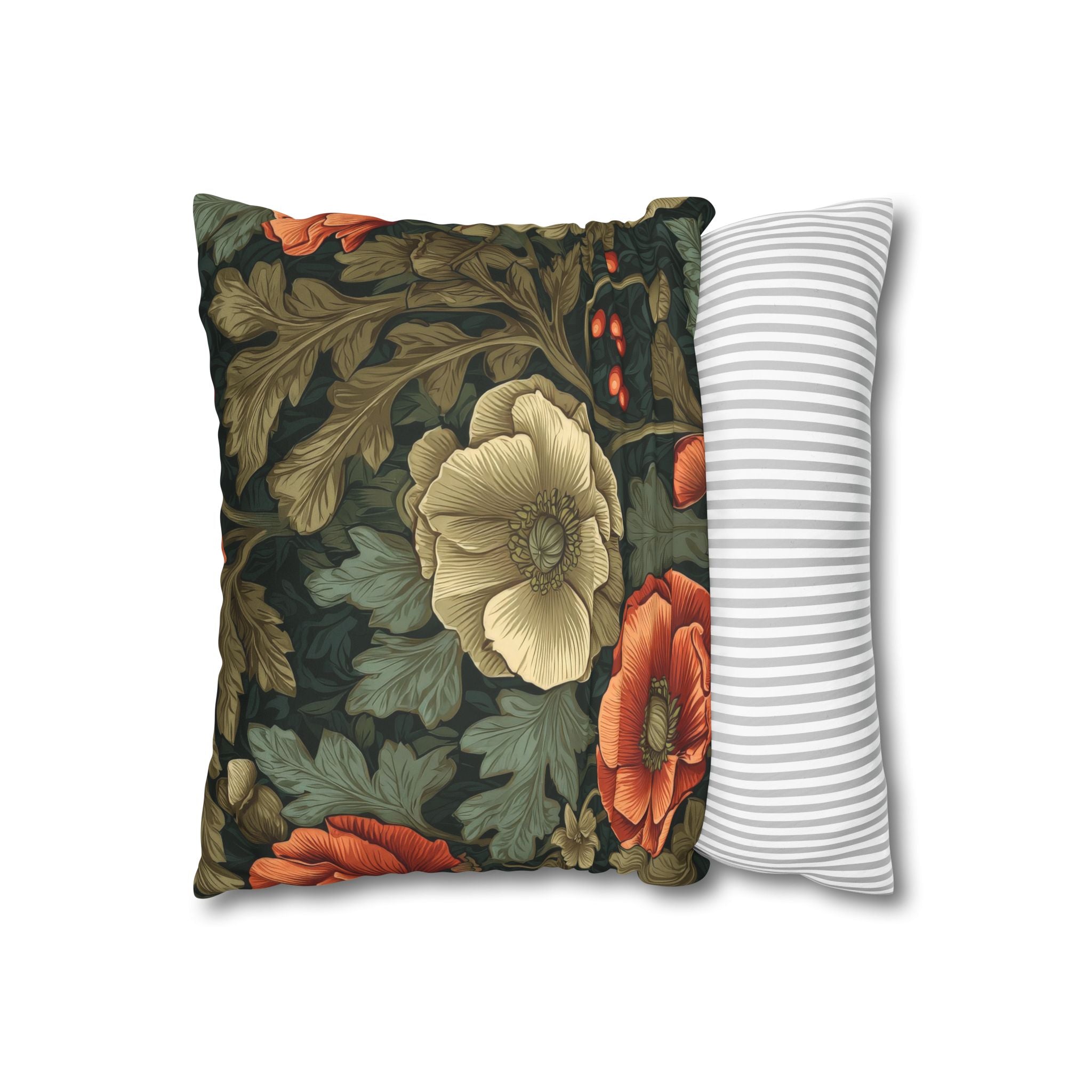 William Morris Inspired Poppy Garden Faux Suede Square Pillowcase
