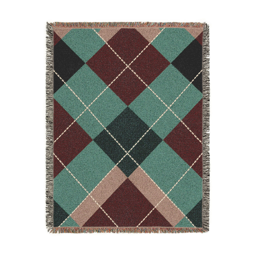 Teal Burgundy Argyle Woven Blanket | Geometric Plaid Throw