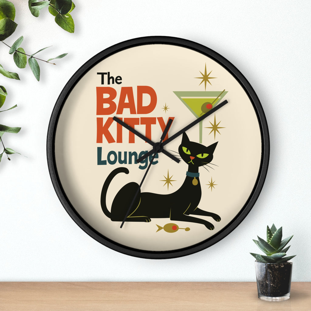 Bad Kitty Lounge Wall Clock | Mid Century Cat Martini Retro Kitchen Decor
