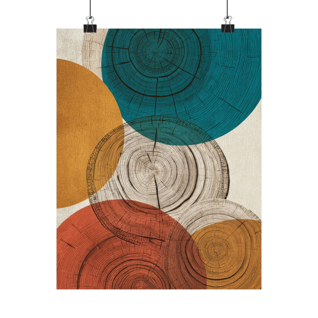 Abstract Tree Ring Art Print | Mid Century Modern Wood Grain Poster | Geometric Growth Rings Wall Art | Japandi Teal Mustard Retro Decor