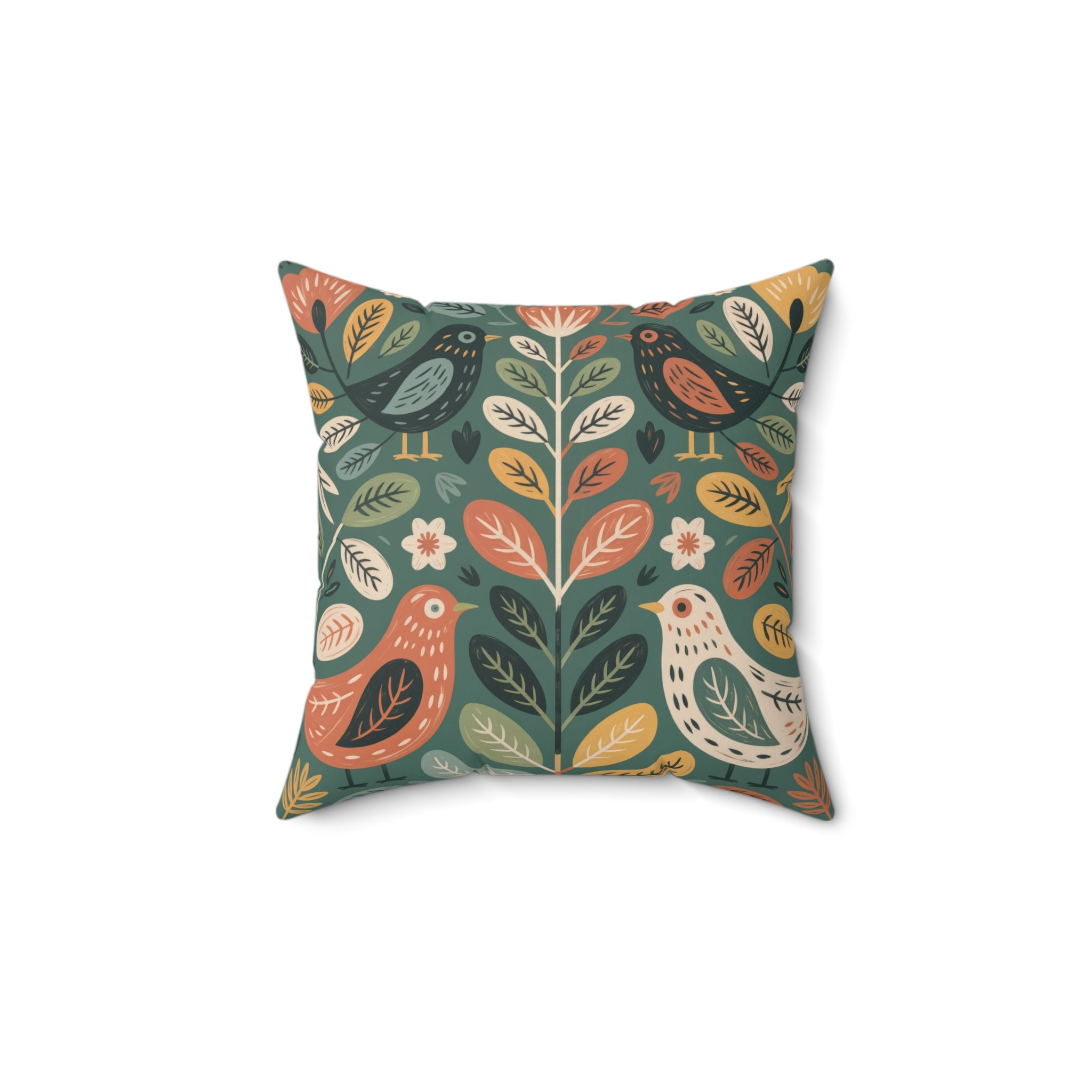 Folk Bird Botanical Throw Pillow, Cottagecore Nature Decor, Decorative Faux Suede Cushion