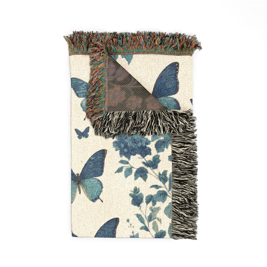 Blue Butterfly Botanical Woven Blanket | Cottagecore Throw