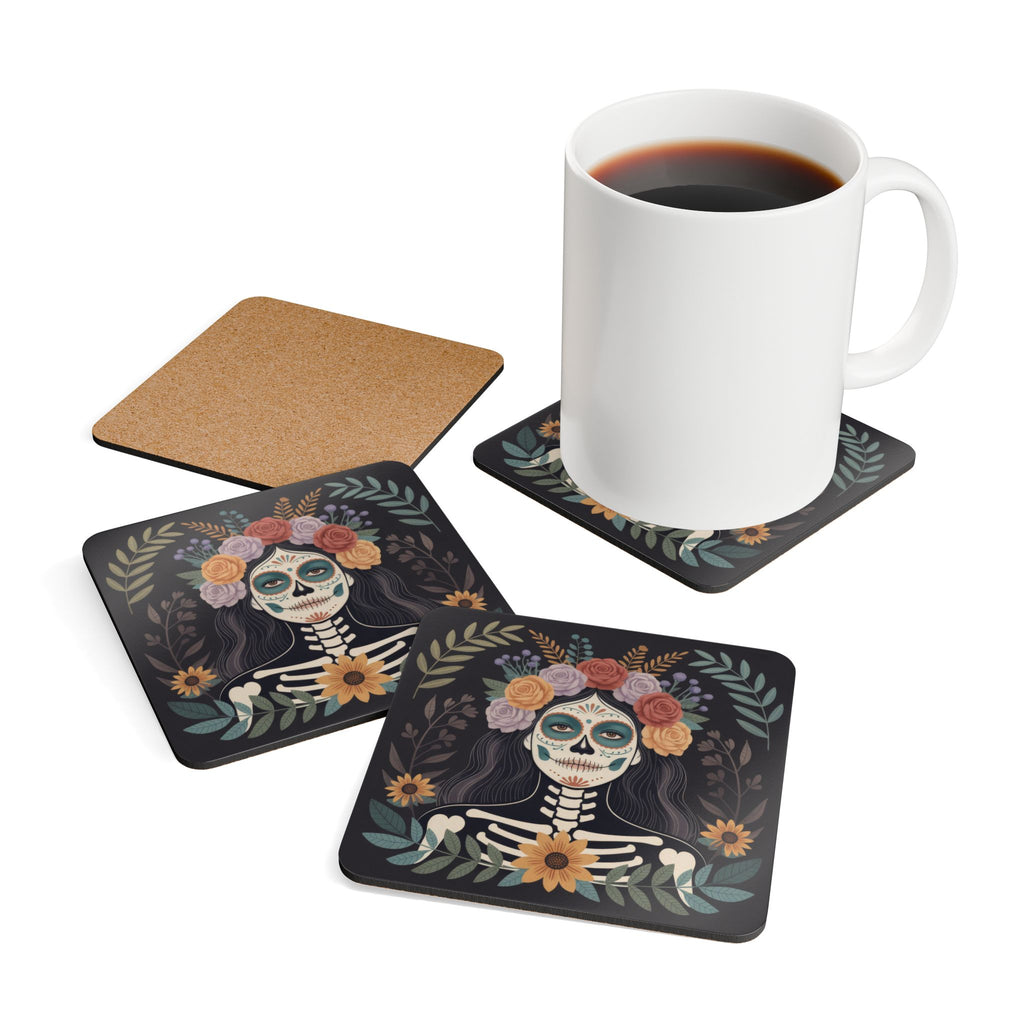 La Catrina Cork Coasters, Day of the Dead Floral Skull Drink Coaster Set