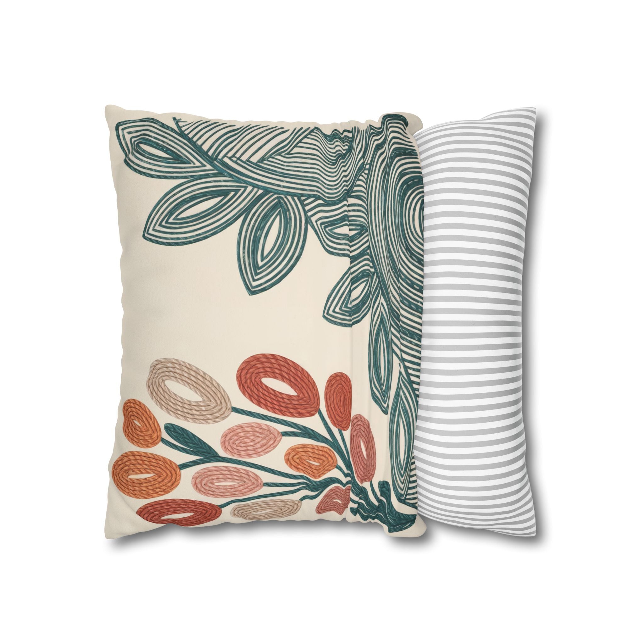 Mid Century Coral Teal Botanical Faux Suede Pillow Case | Modern Floral Decorative Accent