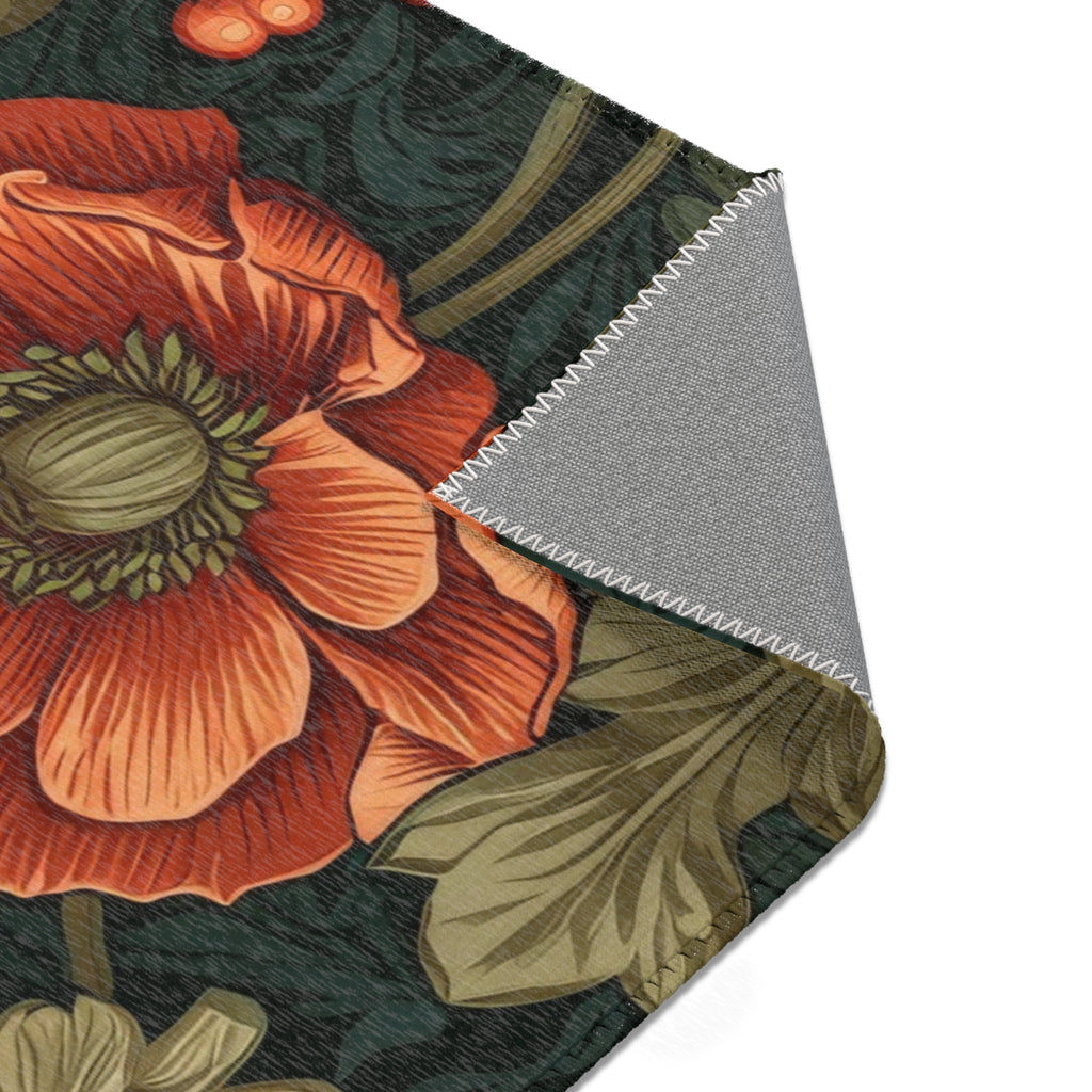 William Morris Botanical Poppy Area Rug | Coral Orange, Teal Green Arts & Crafts