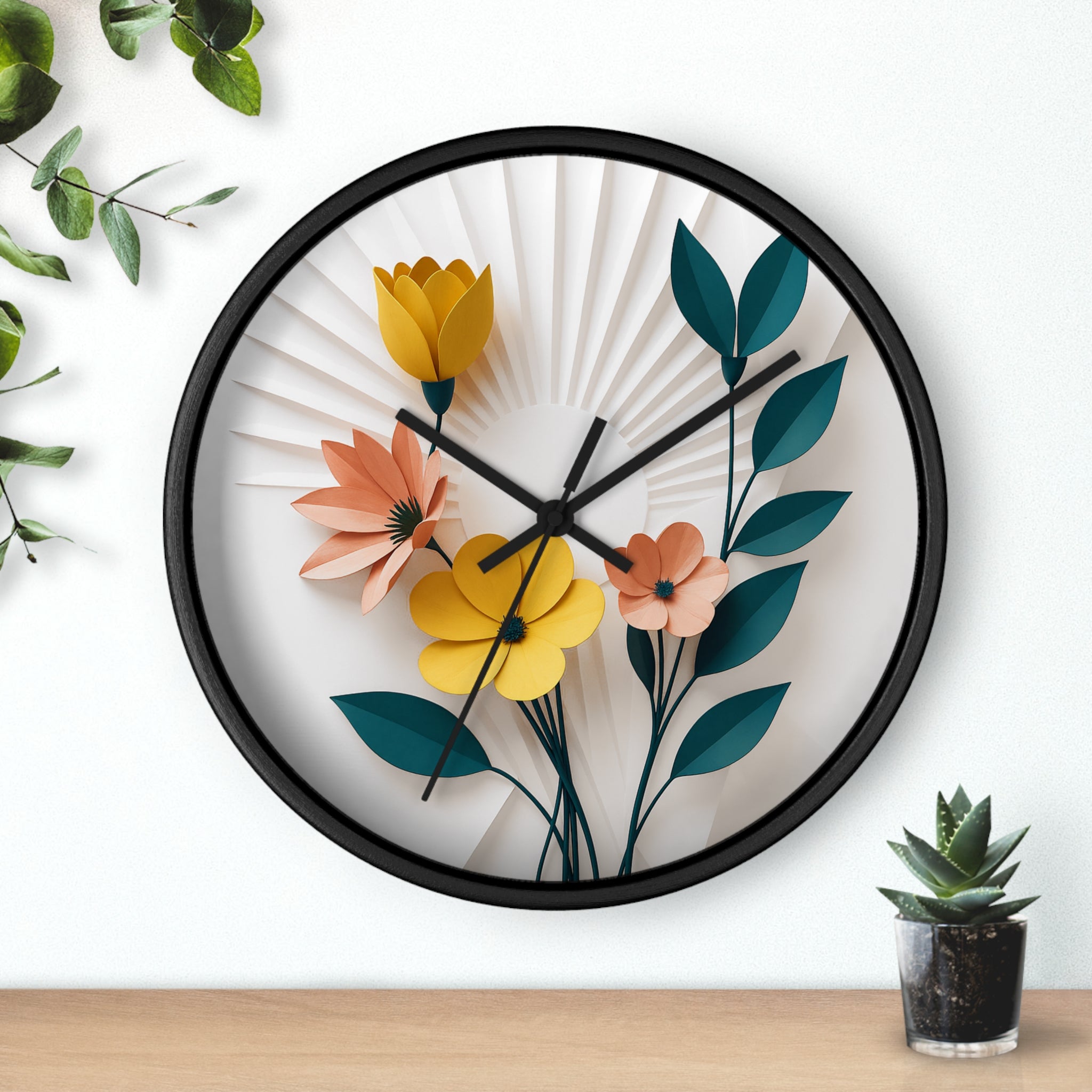 Mid Century Modern Clock | Botanical 3D Paper Flower Art |  Layered Vintage Floral Decor