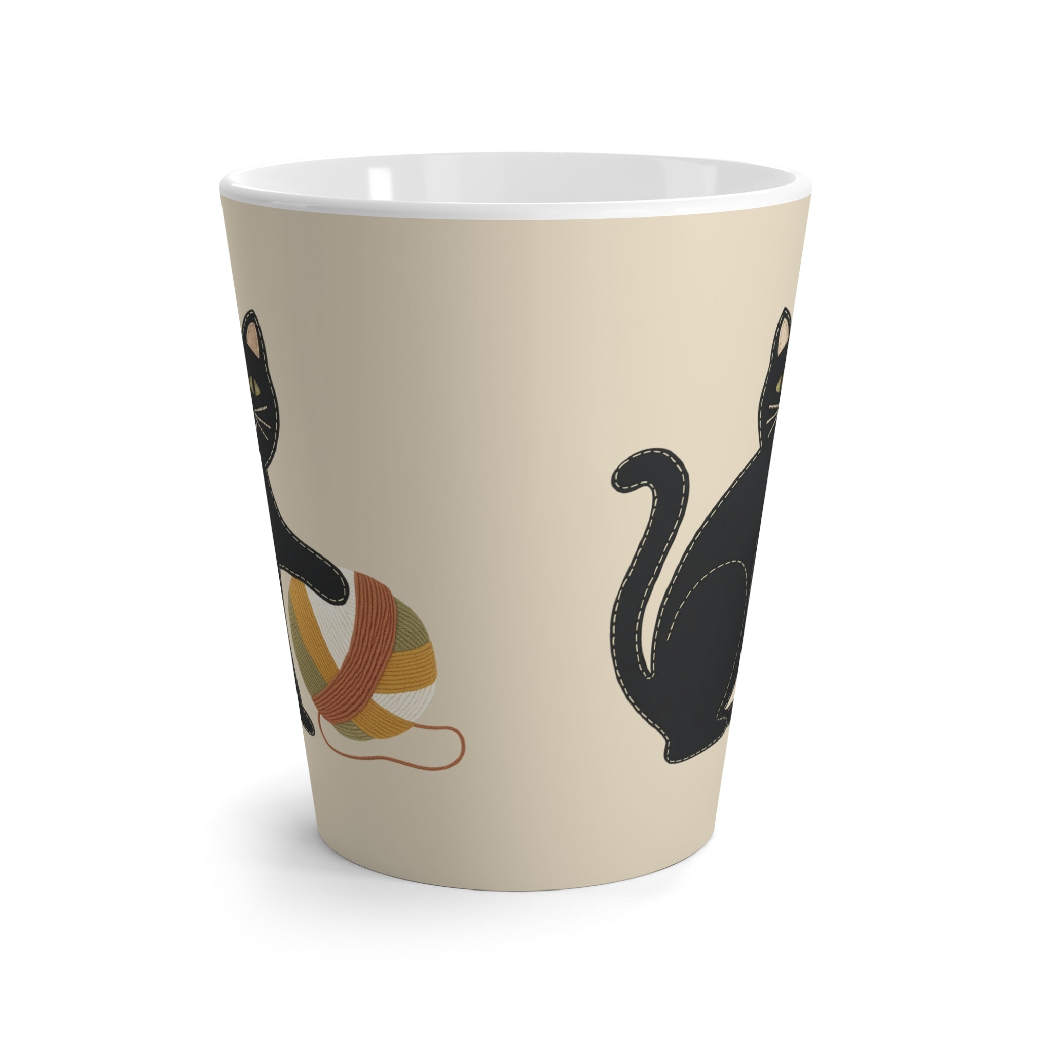 Folk Black Cat with Yarn Latte Mug | Appliqué-Style Embroidery Look