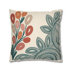 Mid Century Coral Teal Botanical Faux Suede Pillow Case | Modern Floral Decorative Accent
