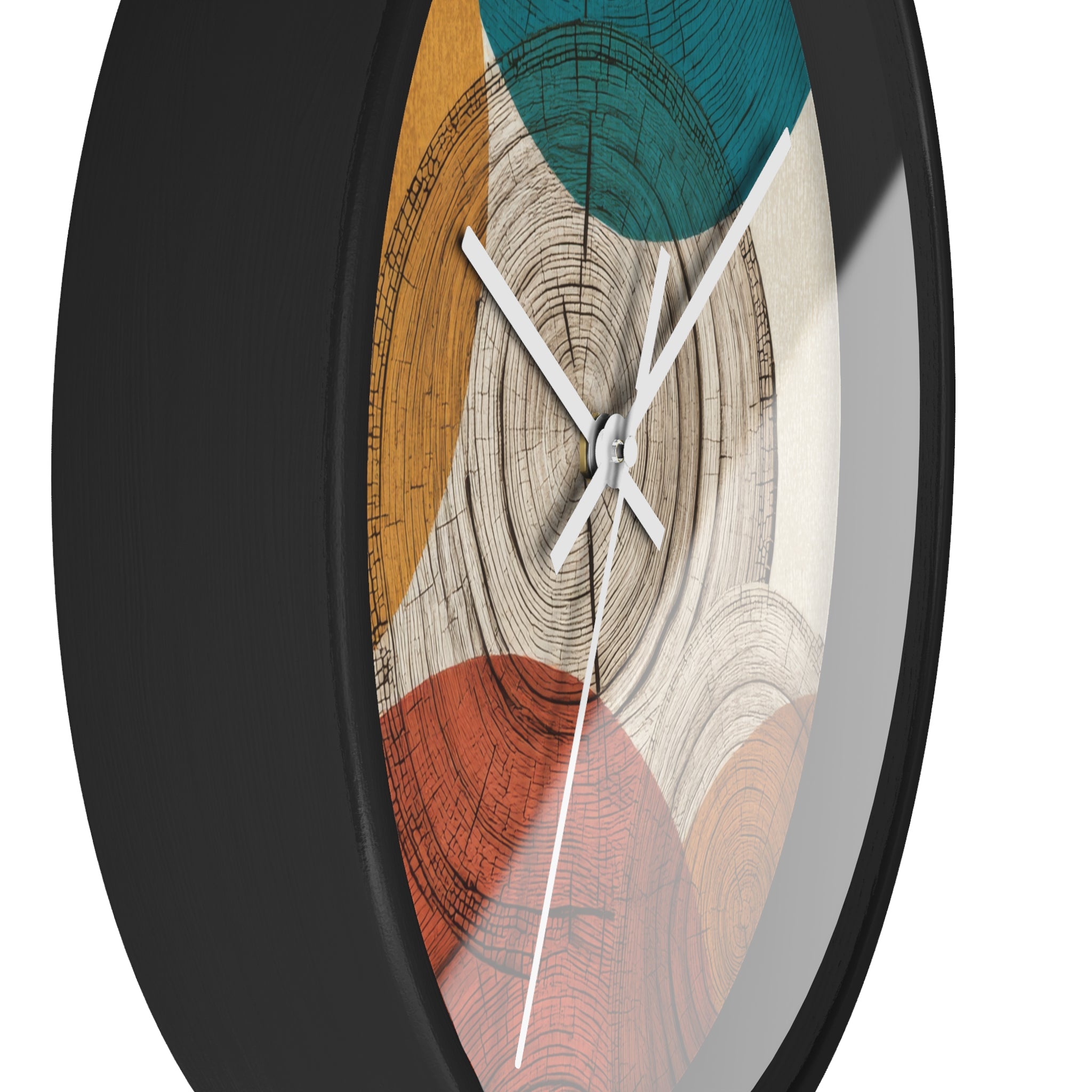Mid Century Modern Clock | Abstract Tree Ring Wall Art, Atomic Geometric Woodgrain Circles in Teal, Ochre + Rust