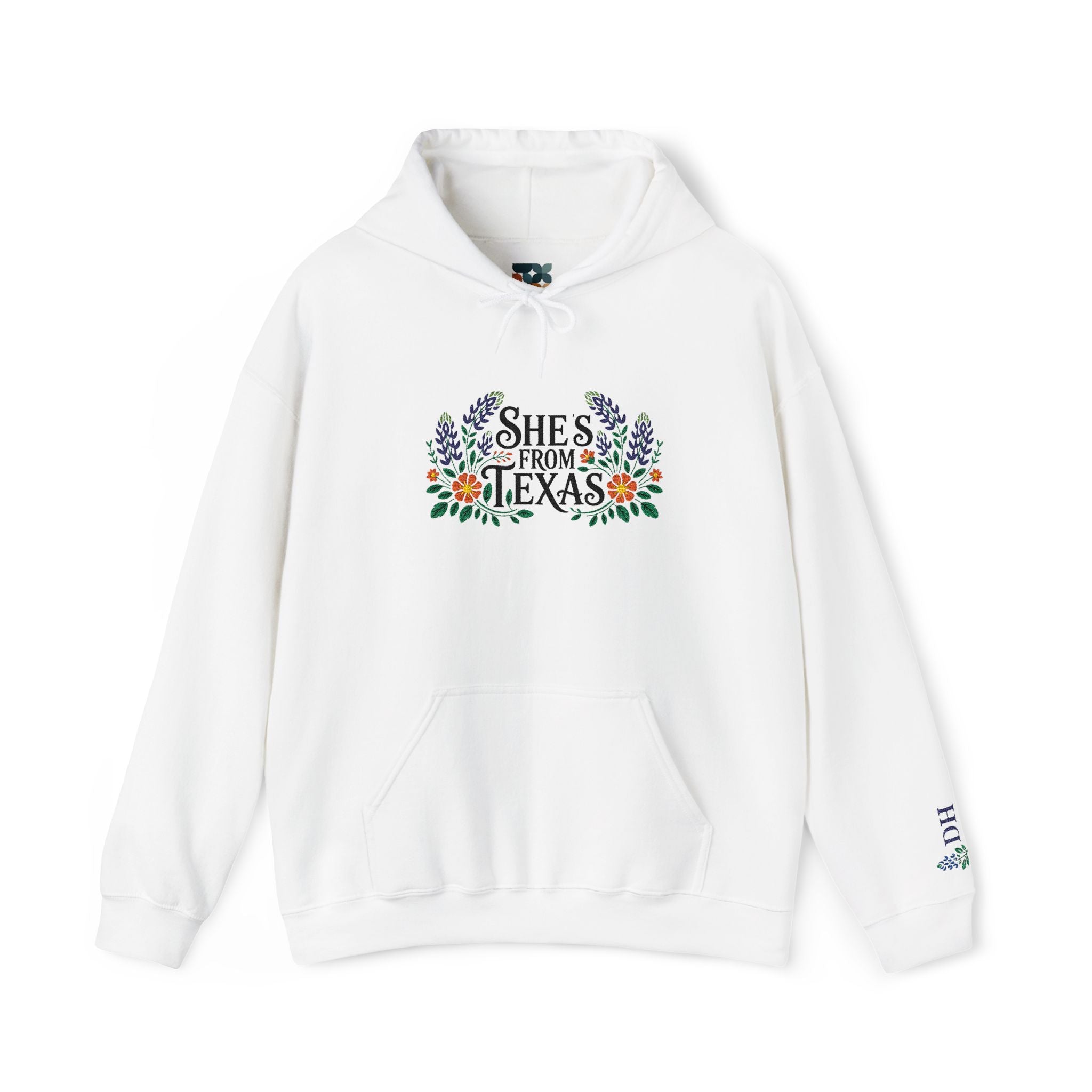 Embroidered Texas Hoodie, Shes From Texas Sweatshirt, Bluebonnet Floral Hoodie, Personalized Initial Sleeve Hoodie, Mothers Day Gift