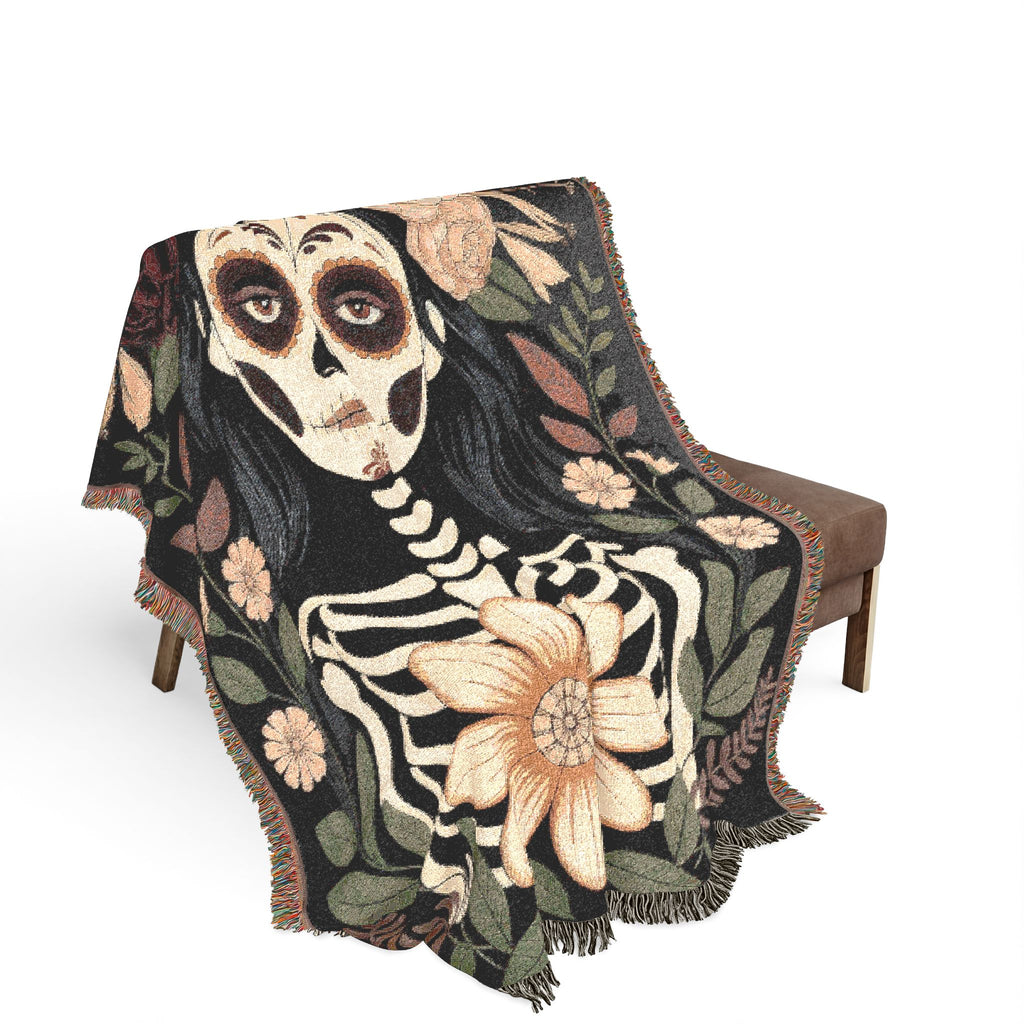 La Catrina Gothic Día de los Muertos Gothic Woven Blanket | Sugar Skull Botanical Throw