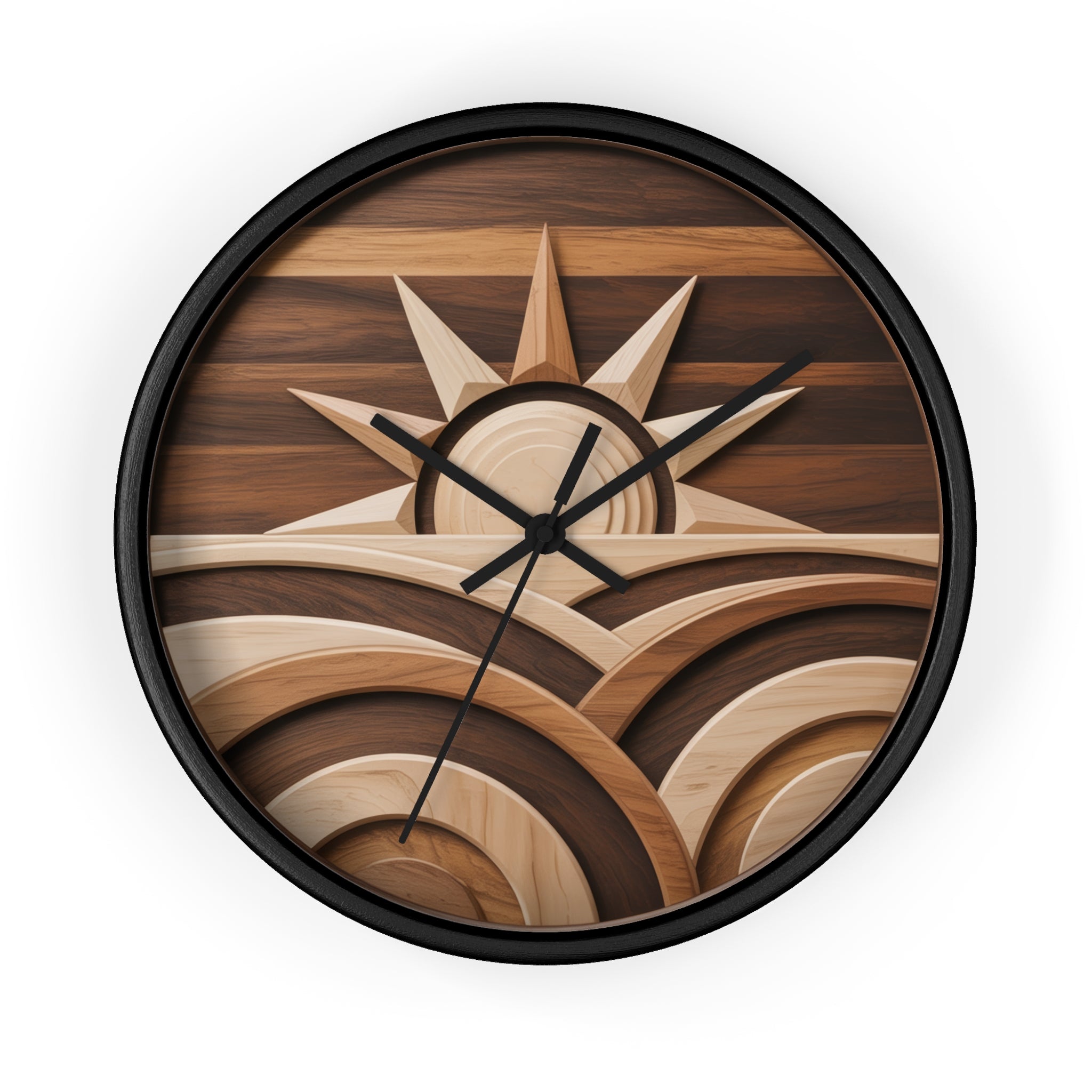 Mid Century Modern Clock Face Art, Geometric Sunrise Over Hills, Marquetry Style, Neutral Scandinavian Decor