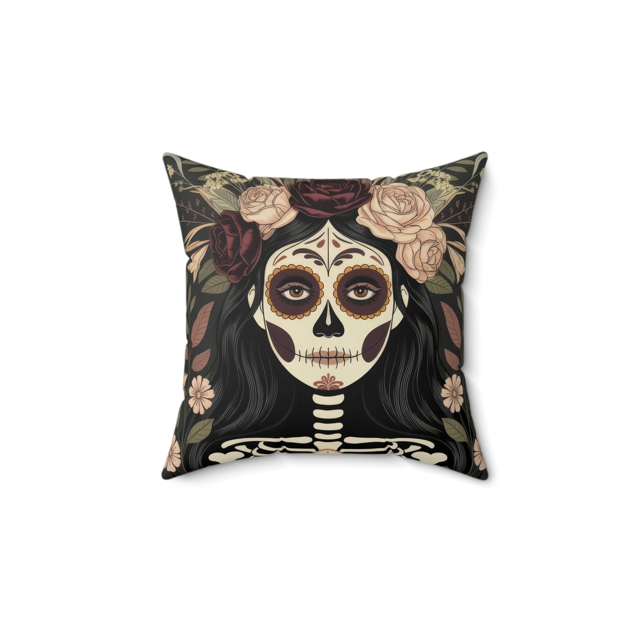 Gothic La Catrina Faux Suede Throw Pillow | Sugar Skull Dia de los Muertos Dark Boho Decor