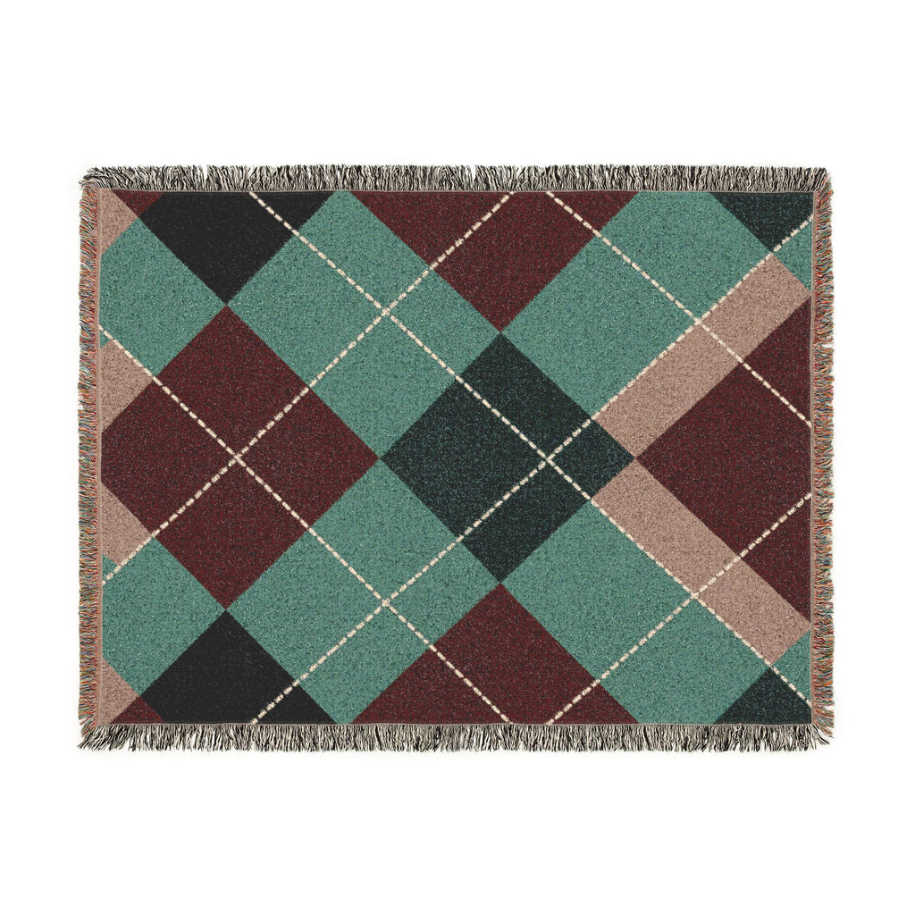 Teal Burgundy Argyle Woven Blanket | Geometric Plaid Throw