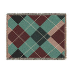 Teal Burgundy Argyle Woven Blanket | Geometric Plaid Throw