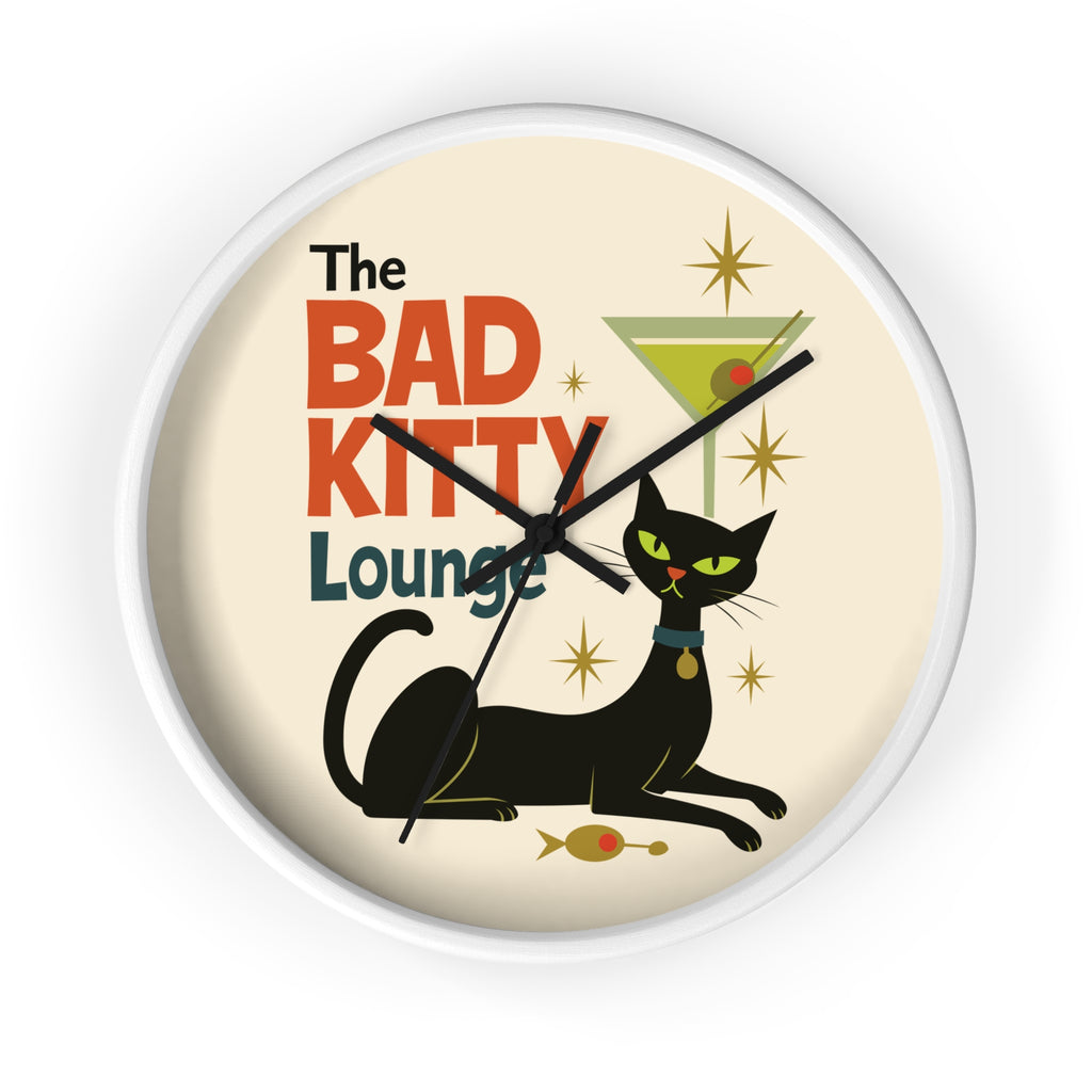 Bad Kitty Lounge Wall Clock | Mid Century Cat Martini Retro Kitchen Decor