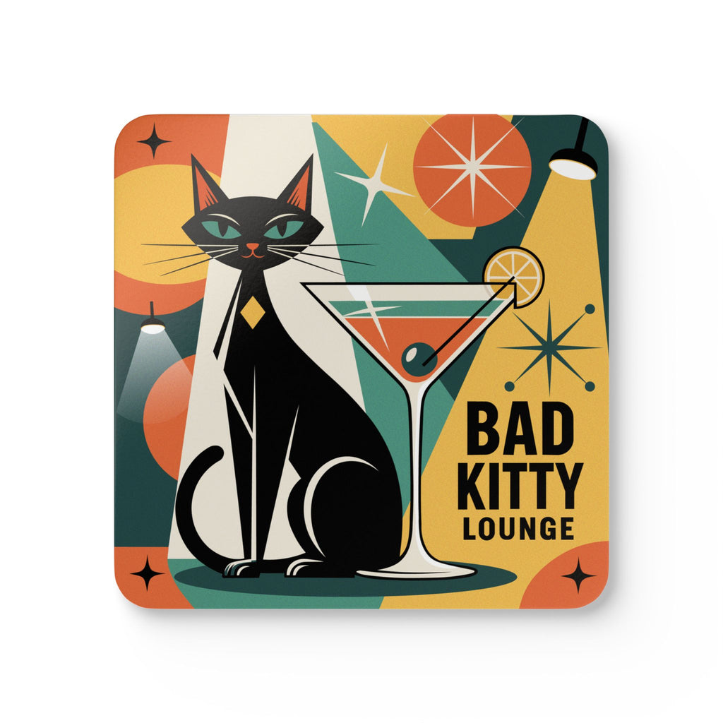 Atomic Cat Coasters Set of 4, Mid Century Modern Cork Drink Coasters, Retro Black Cat Gift, Bad Kitty Collection