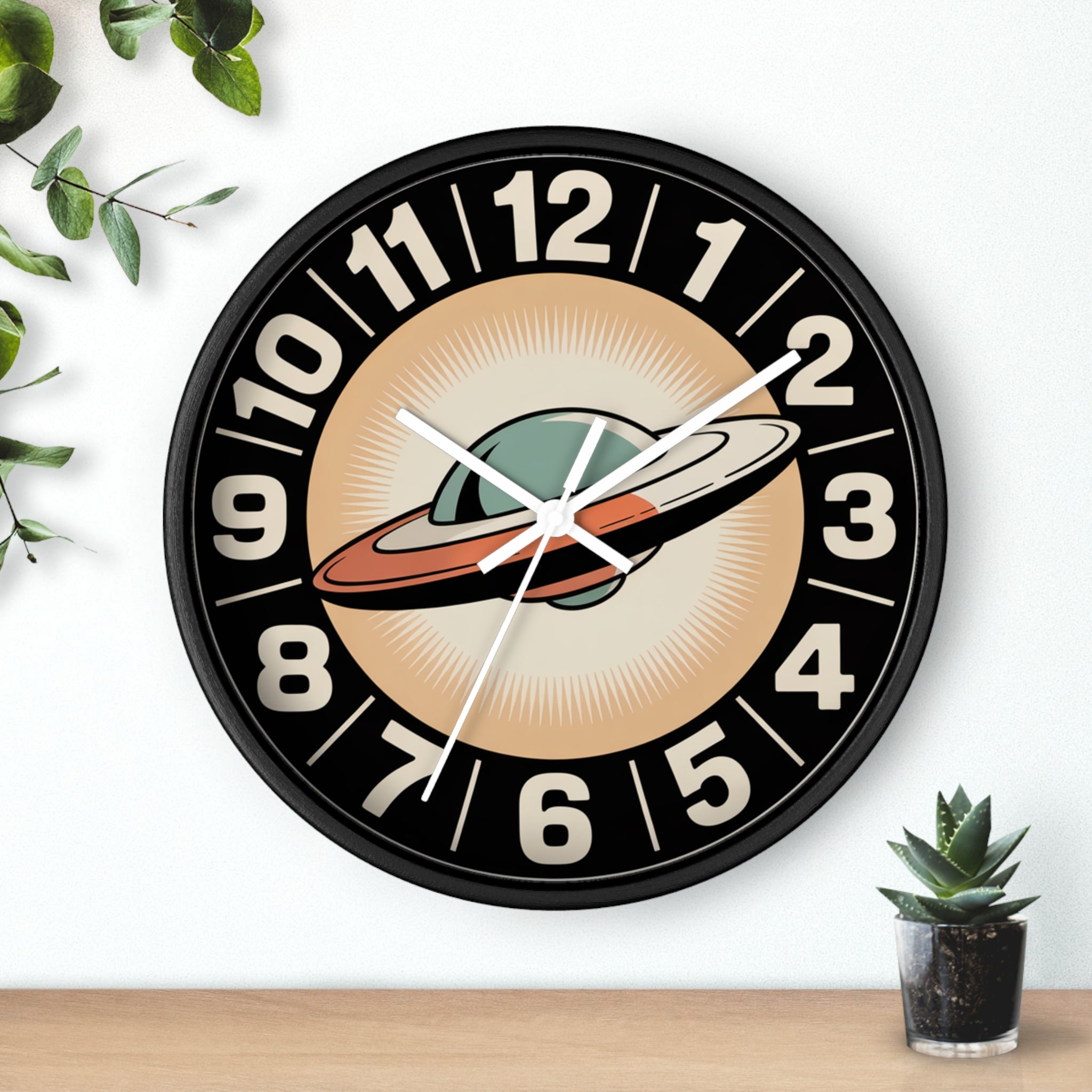Mid Century Modern Clock, Retro UFO Wall Clock, Space Age Flying Saucer Design, Atomic Starburst Dial, 1950s Sci Fi Decor