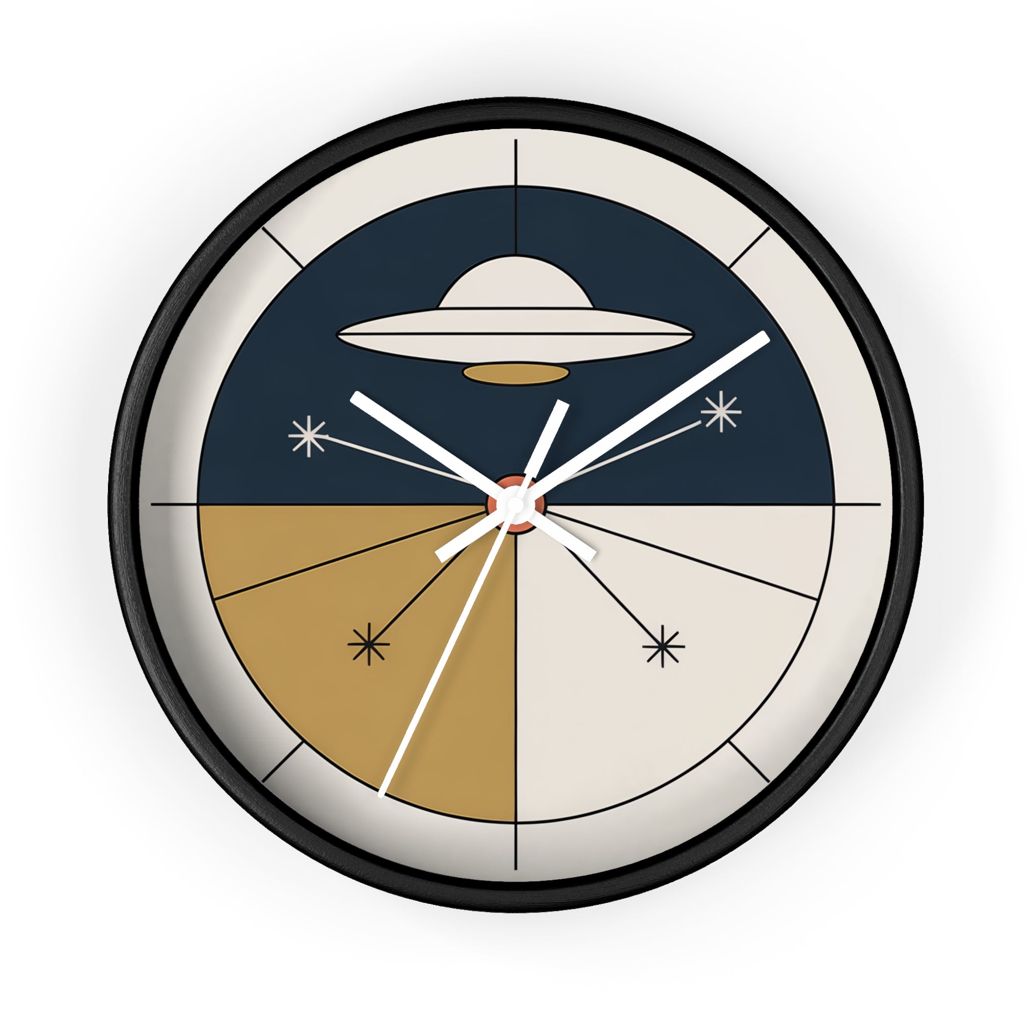 Mid Century Modern Clock, Geometric UFO Wall Clock, Atomic Constellation Design, Minimal Space Age Decor, Navy Cream Brass Clock