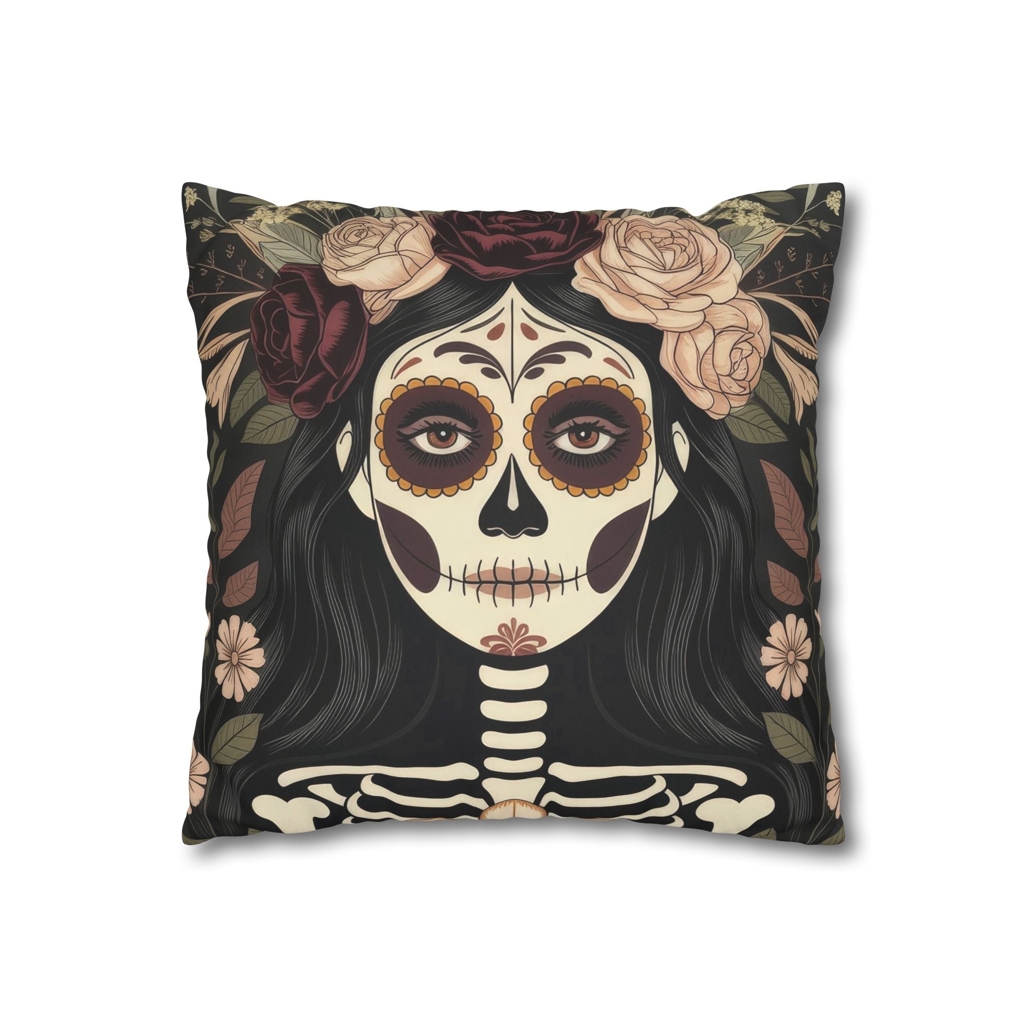 Gothic La Catrina Throw Pillow | Faux Suede Sugar Skull Cushion Cover, Dark Boho Decor