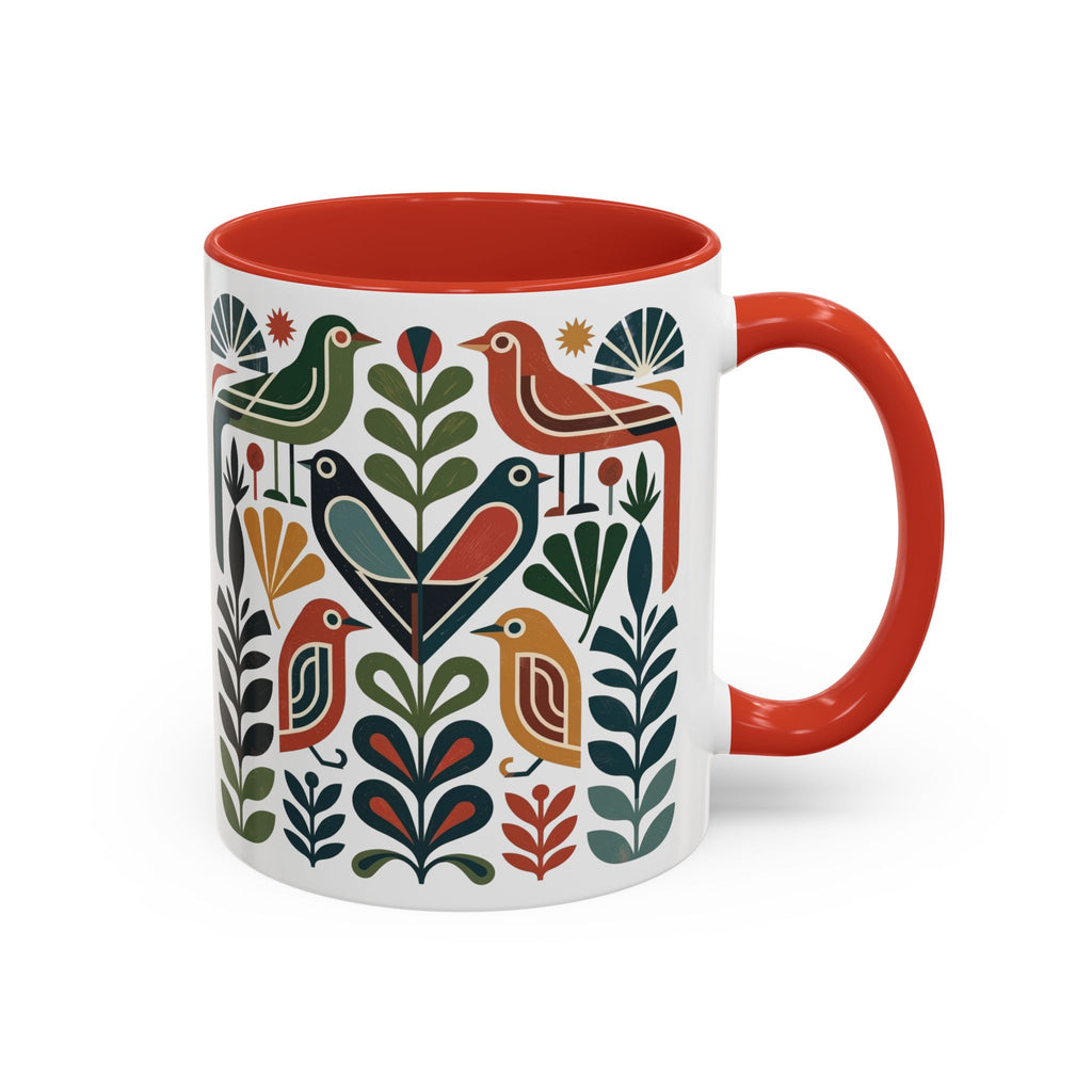 Scandinavian Folk Bird Accent Mug | Colorful Botanical Coffee Cup
