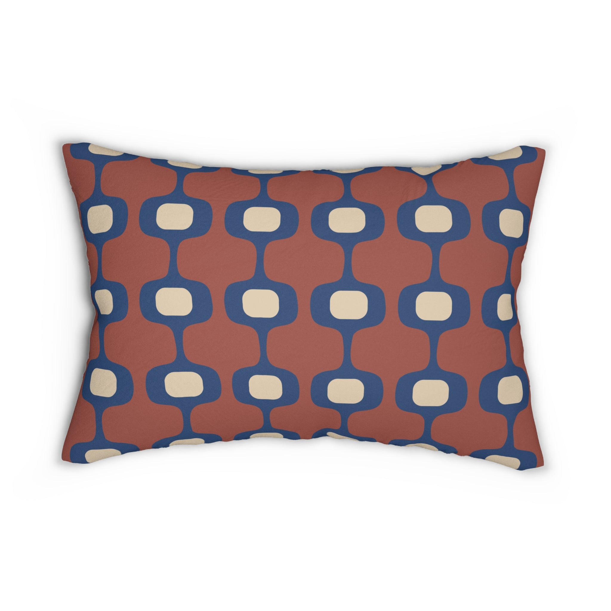 Mid-Century Geometric Pattern Lumbar Pillow | Retro Terracotta Navy Accent