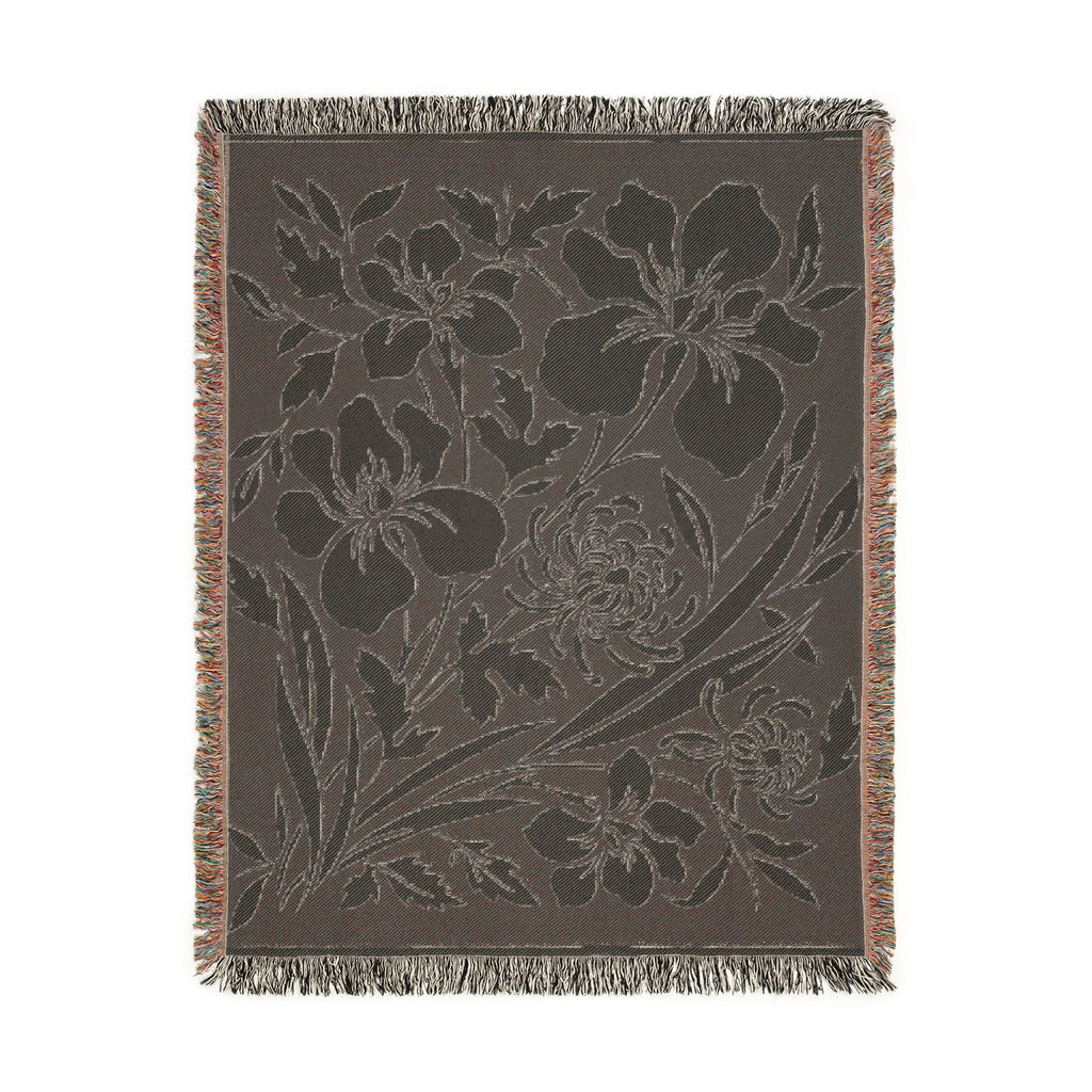Neutral Japanese-Inspired Midnight Botanicals Floral Pattern Woven Blanket | Botanical Throw, Fringe Edge