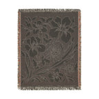 Neutral Japanese-Inspired Midnight Botanicals Floral Pattern Woven Blanket | Botanical Throw, Fringe Edge