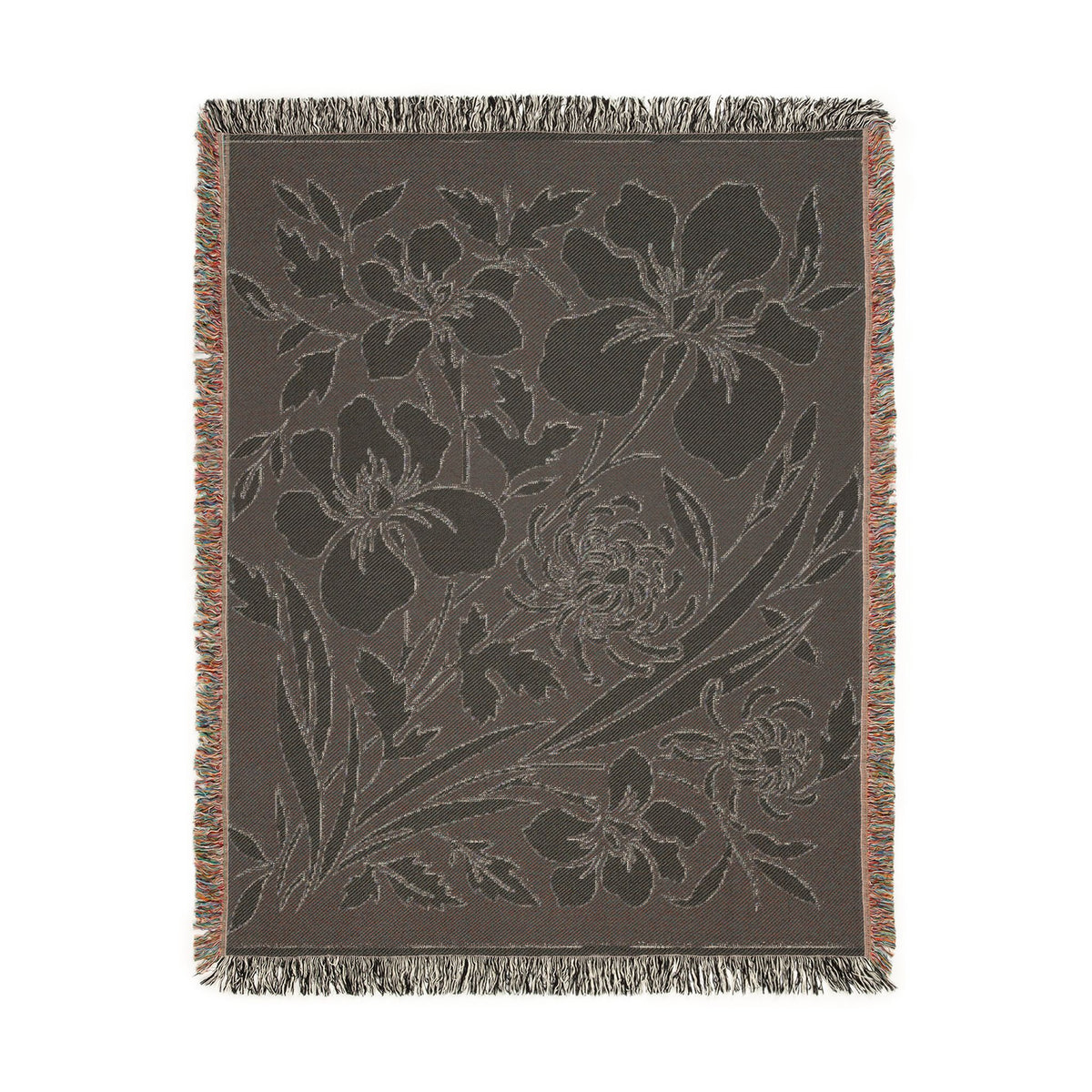 Neutral Japanese-Inspired Midnight Botanicals Floral Pattern Woven Blanket | Botanical Throw, Fringe Edge