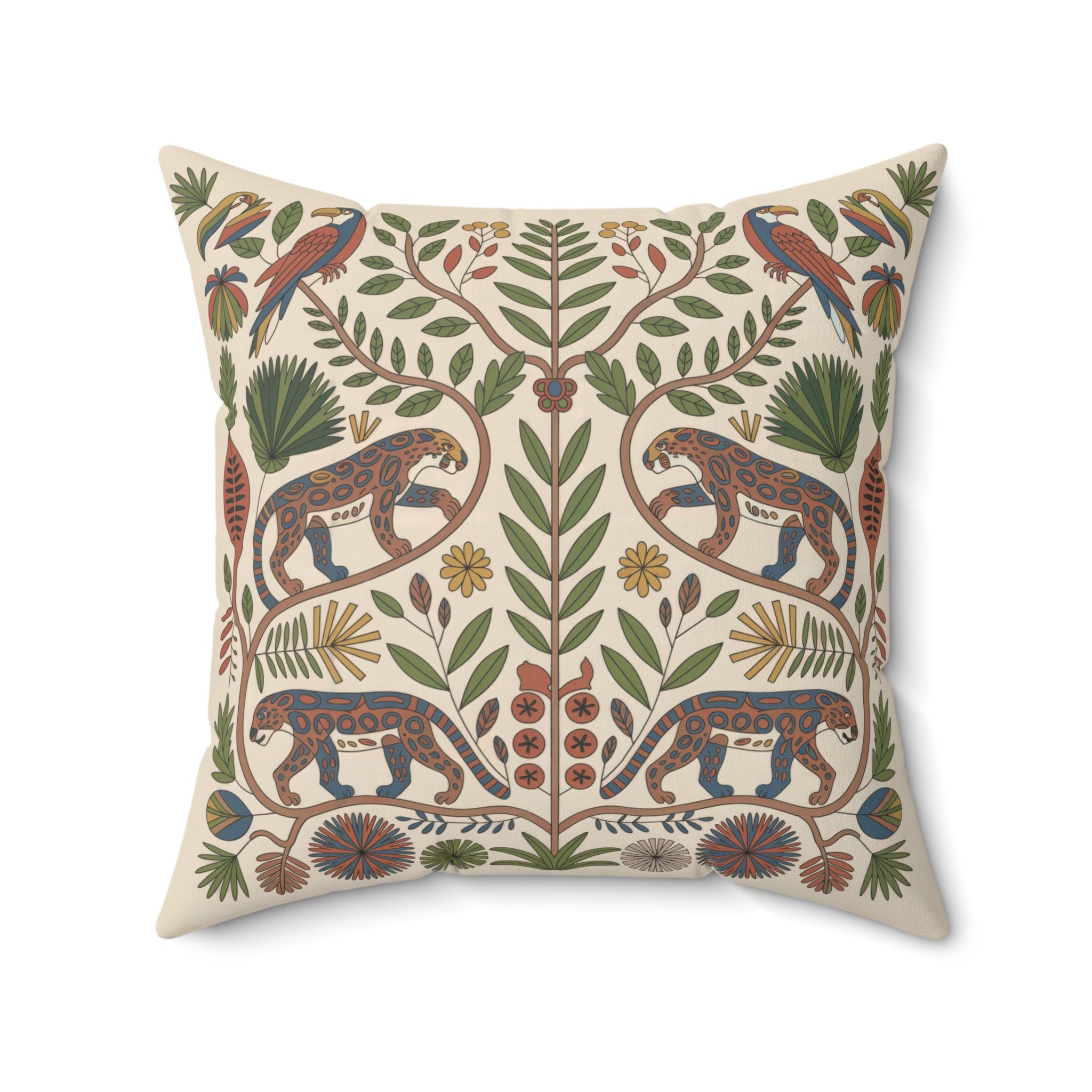 Jaguar and Tropical Bird Folk Art Throw Pillow with Botanical Design