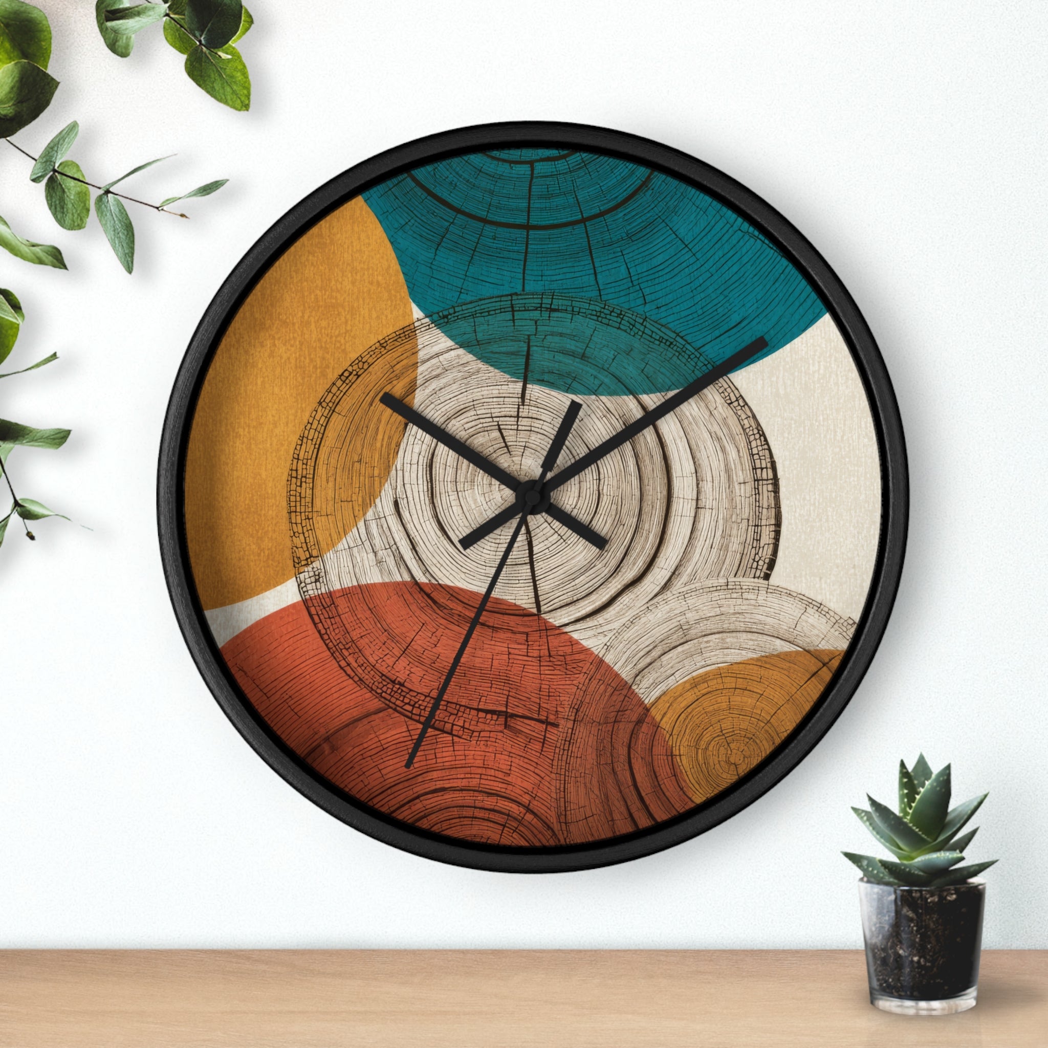 Mid Century Modern Clock | Abstract Tree Ring Wall Art, Atomic Geometric Woodgrain Circles in Teal, Ochre + Rust