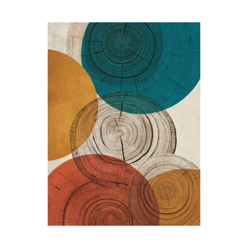 Abstract Tree Ring Art Print | Mid Century Modern Wood Grain Poster | Geometric Growth Rings Wall Art | Japandi Teal Mustard Retro Decor