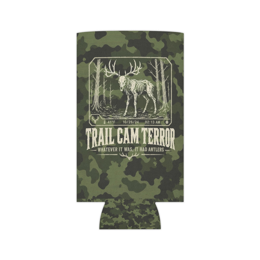 Trail Cam Terror Can Cooler | Skeleton Buck Camo Koozie
