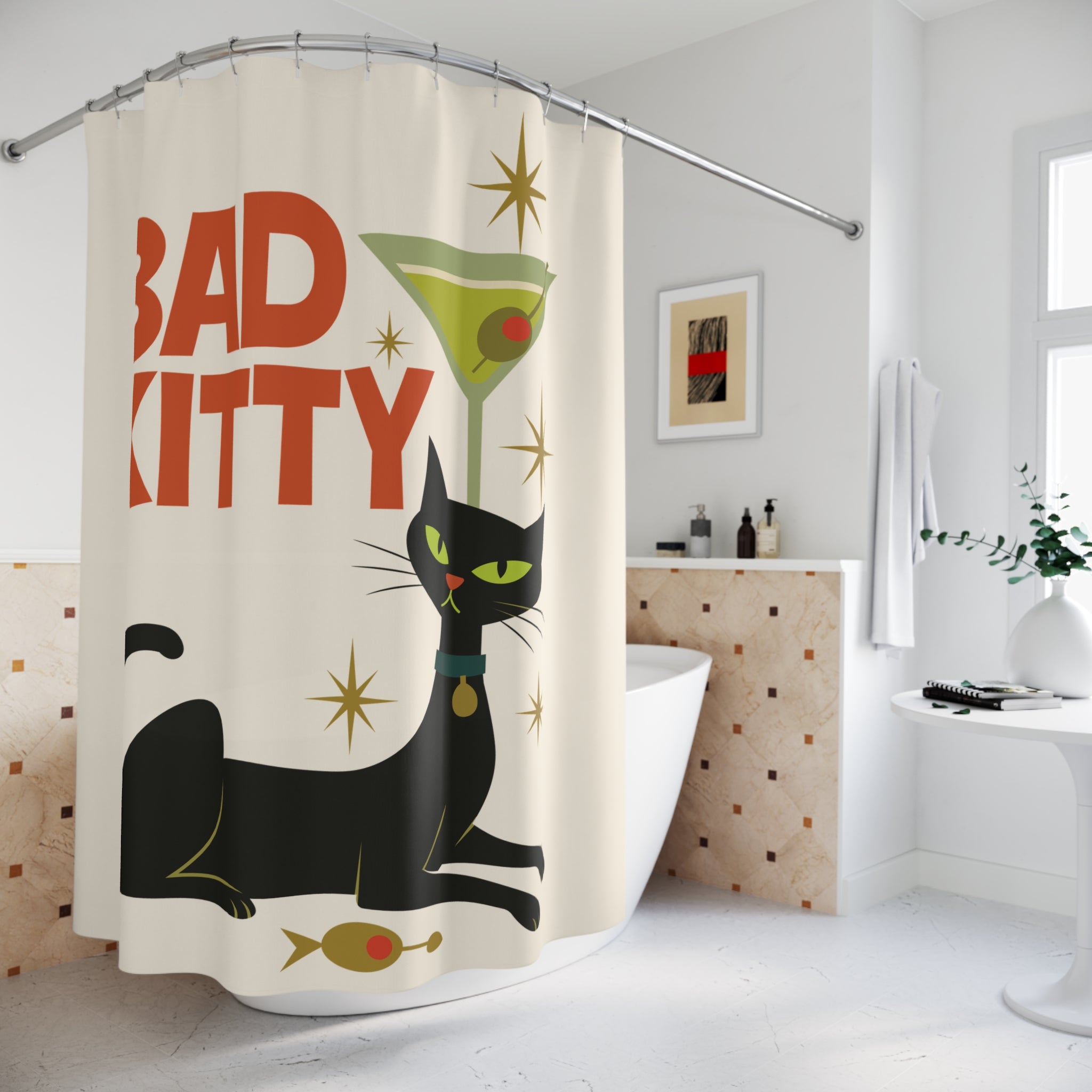 Bad Kitty Black Cat Martini Mid Century Modern Shower Curtain
