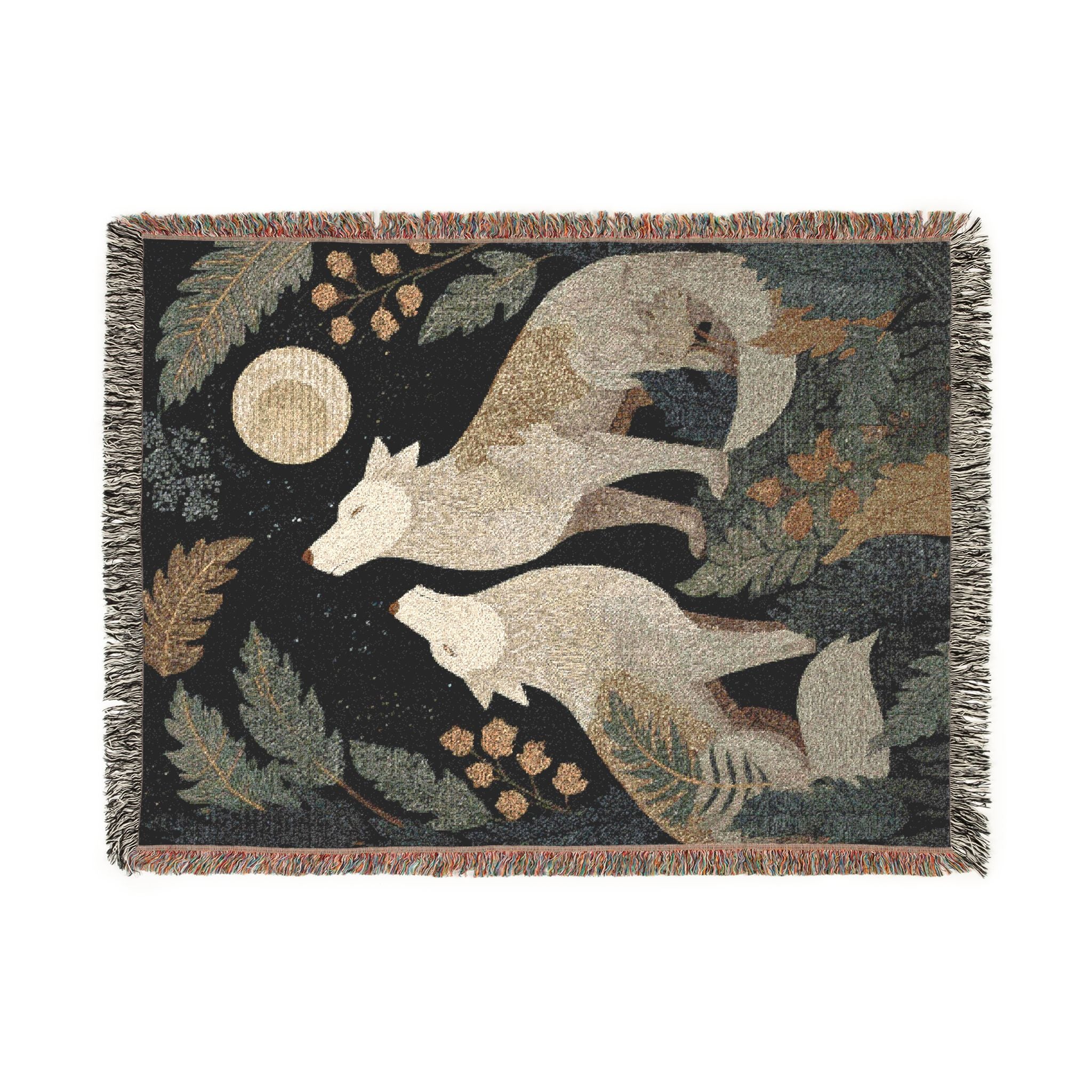 Woven Wolves Moon scene blanket | Tapestry-style woodland heirloom throw