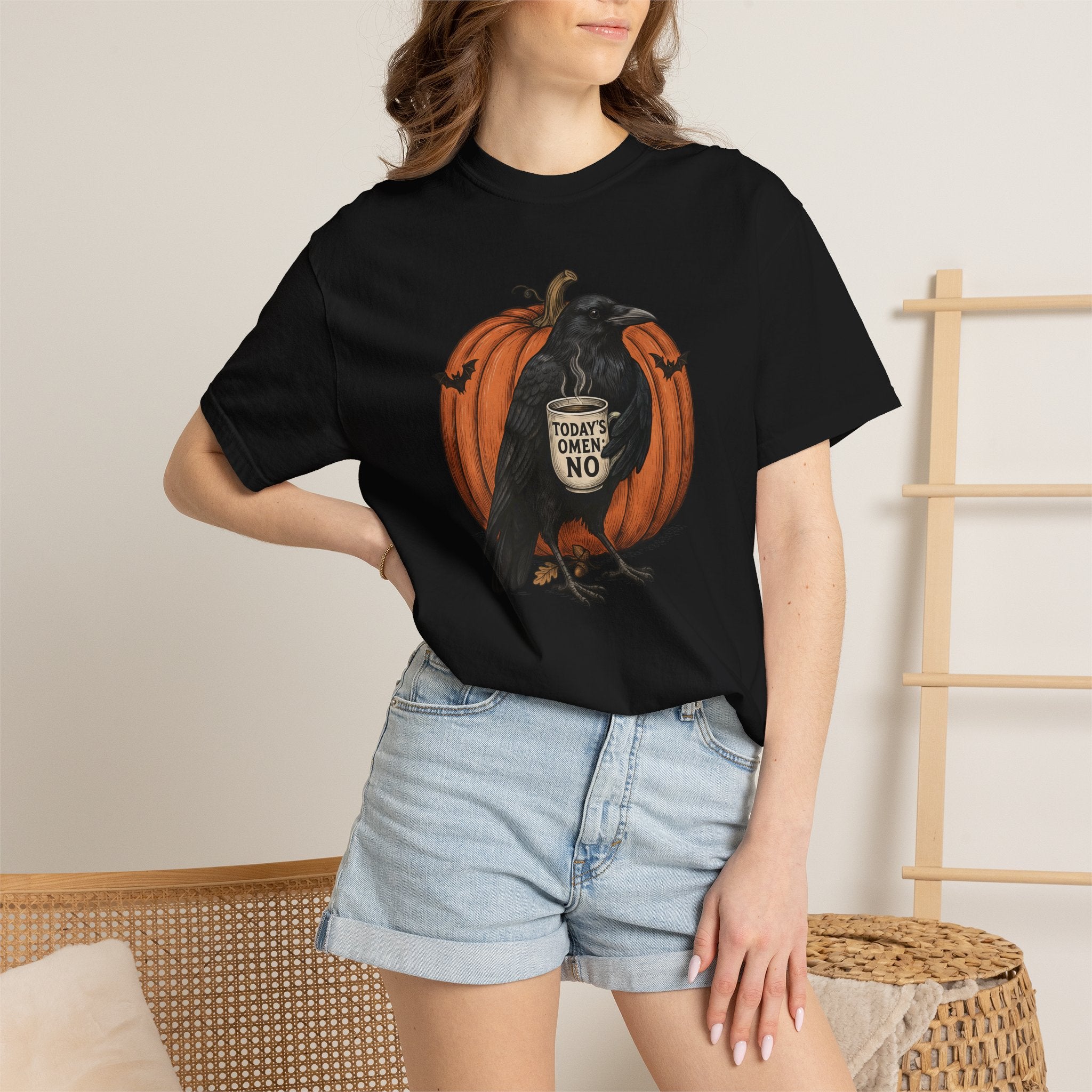 Crow with Coffee 'Today? Omen NO' Pumpkin T-Shirt | Halloween Raven Tee