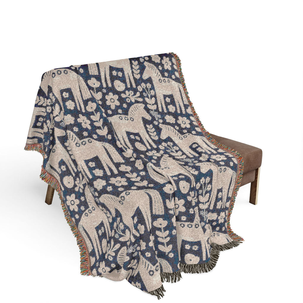 Scandinavian Dala Horse Woven Throw Blanket  | Nordic Folk Art Throw