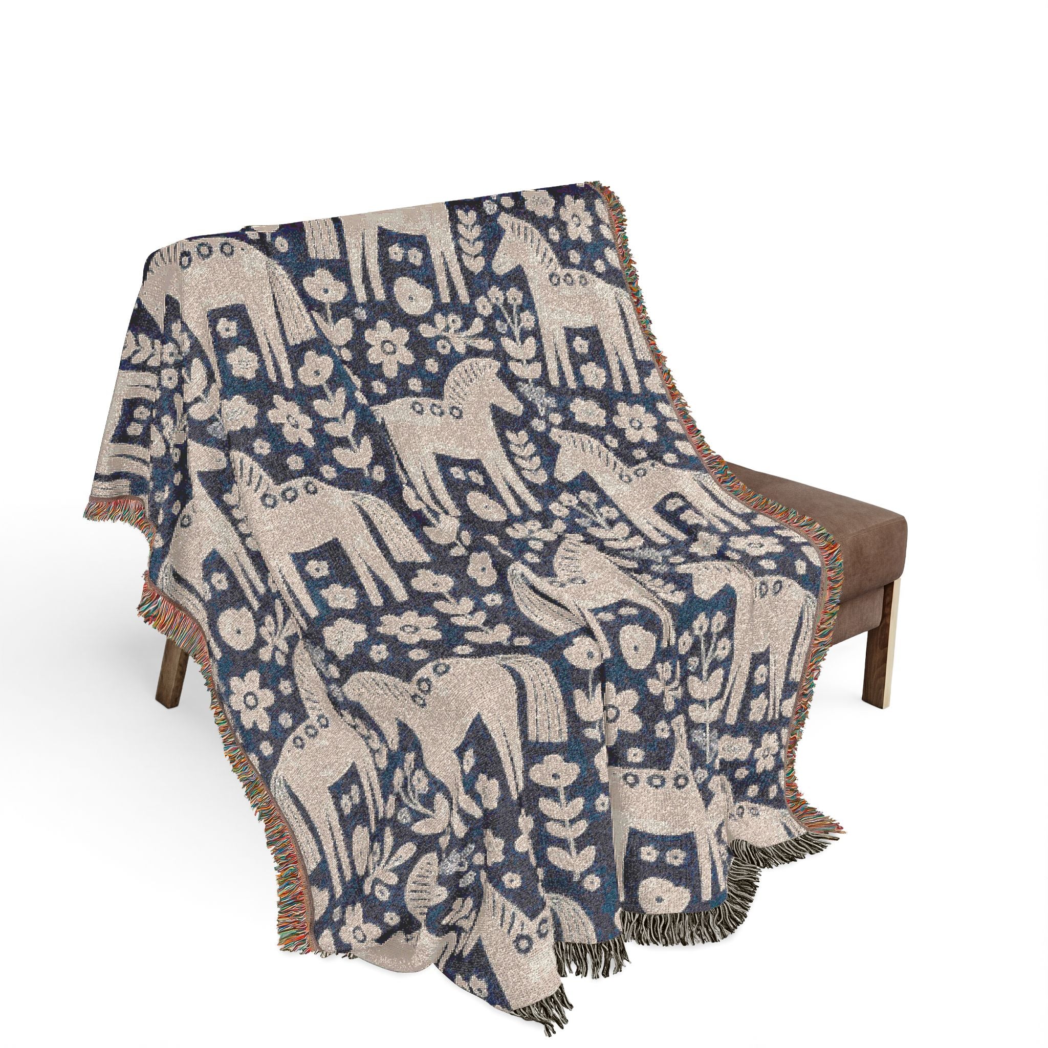 Scandinavian Dala Horse Woven Throw Blanket  | Nordic Folk Art Throw