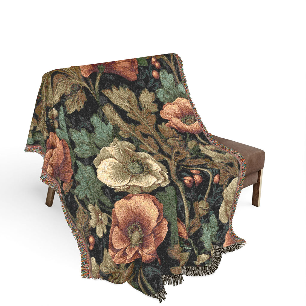 William Morris Poppy Garden Woven Blanket | Coral Orange & Teal Floral Throw