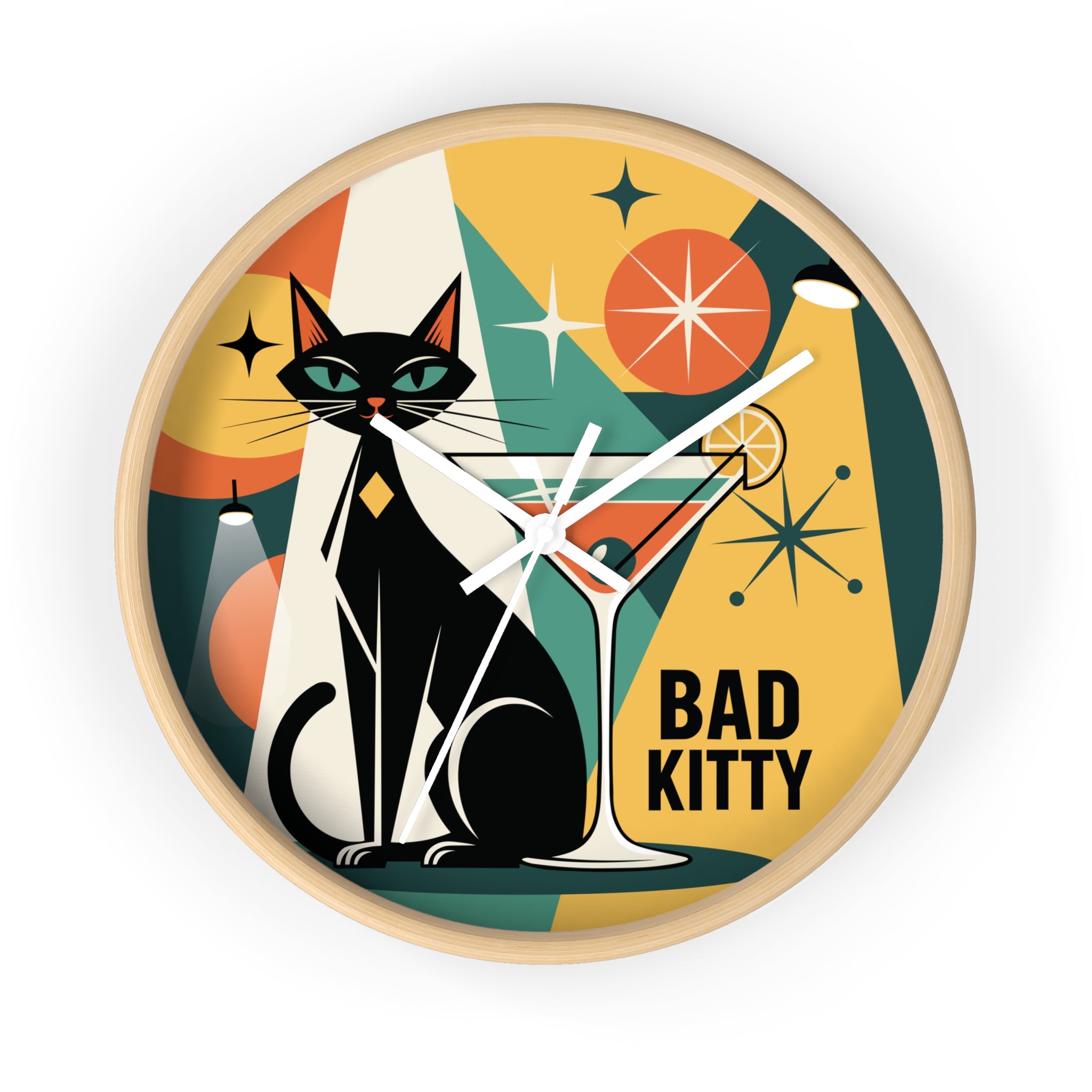 Bad Kitty Retro Cat Martini Wall Clock | Mid Century Modern Kitchen Decor