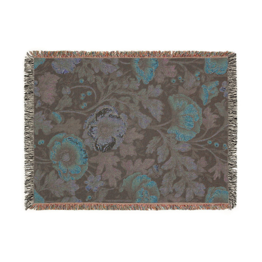 William Morris Poppy Garden Woven Blanket | Coral Orange & Teal Floral Throw