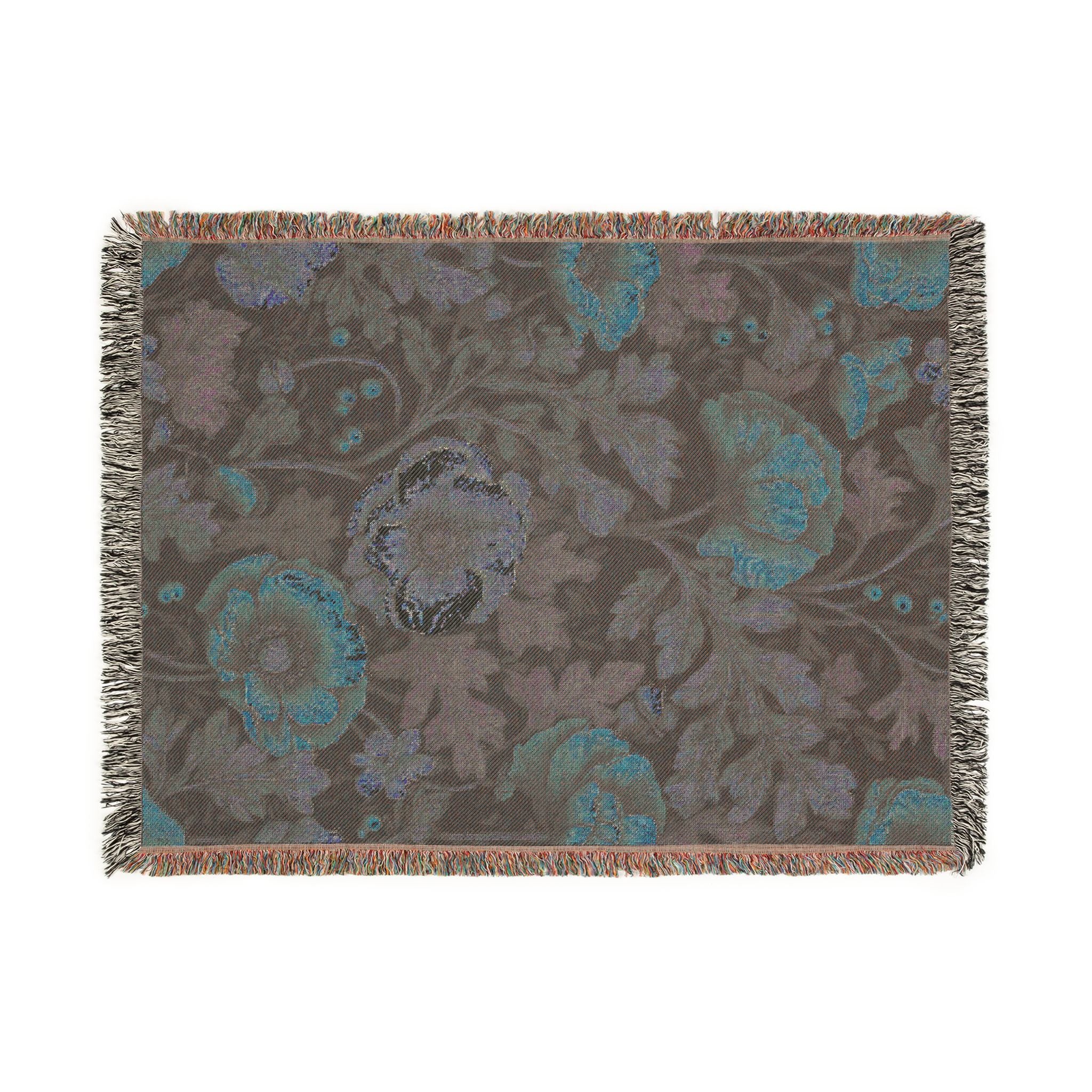 William Morris Poppy Garden Woven Blanket | Coral Orange & Teal Floral Throw