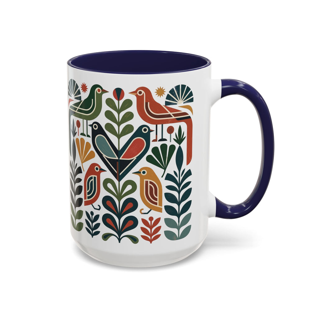 Scandinavian Folk Bird Accent Mug | Colorful Botanical Coffee Cup