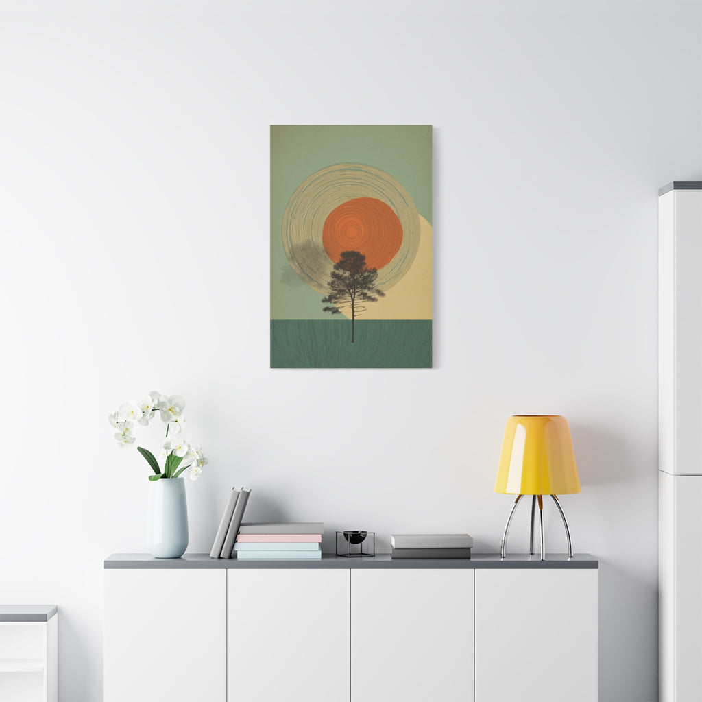 Tree Ring Wall Art | Mid Century Wall Art | Abstract Canvas Of Sun And Tree Nature Landscape