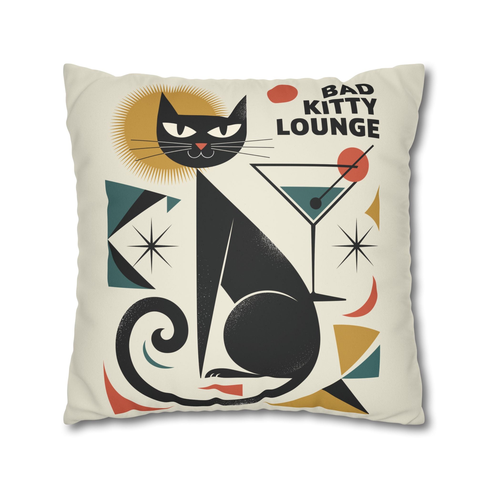 Bad Kitty Mid Century Modern | Art Deco Faux Suede Square Pillowcase | Retro Cat Accent