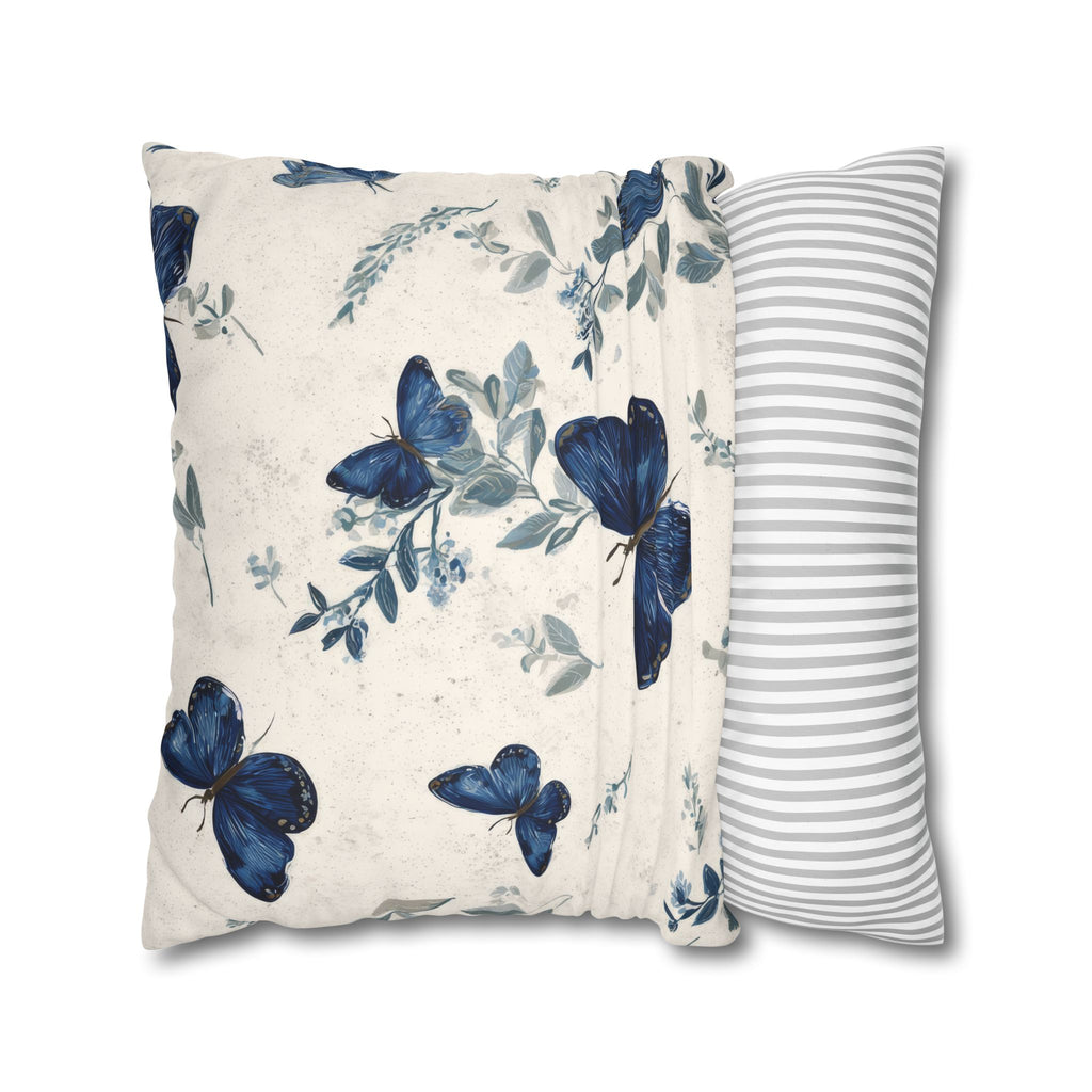 Blue Butterfly Botanical Faux Suede Pillowcase | Sapphire Cobalt Butterflies