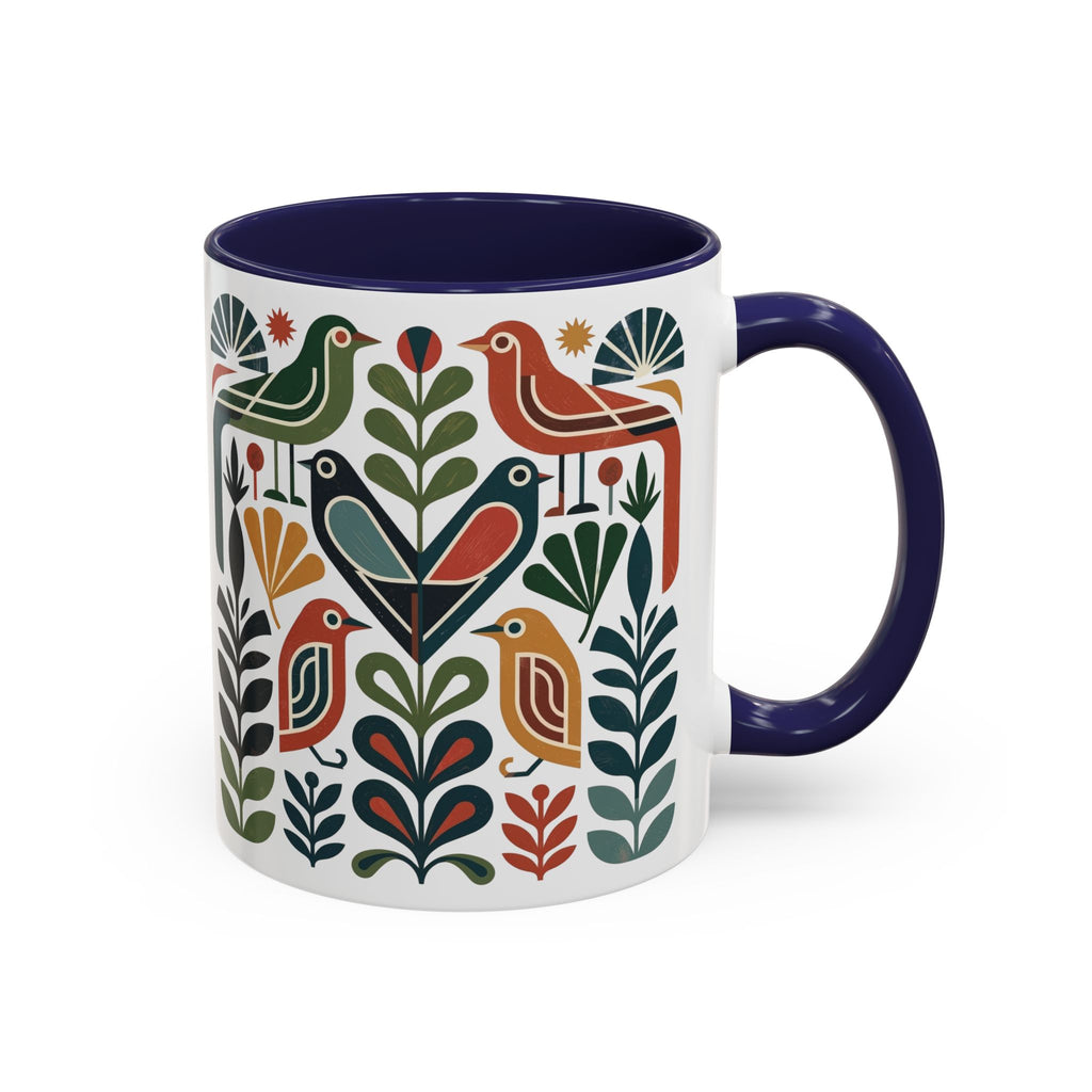 Colorful Scandinavian folk bird accent mug with navy rim and handle