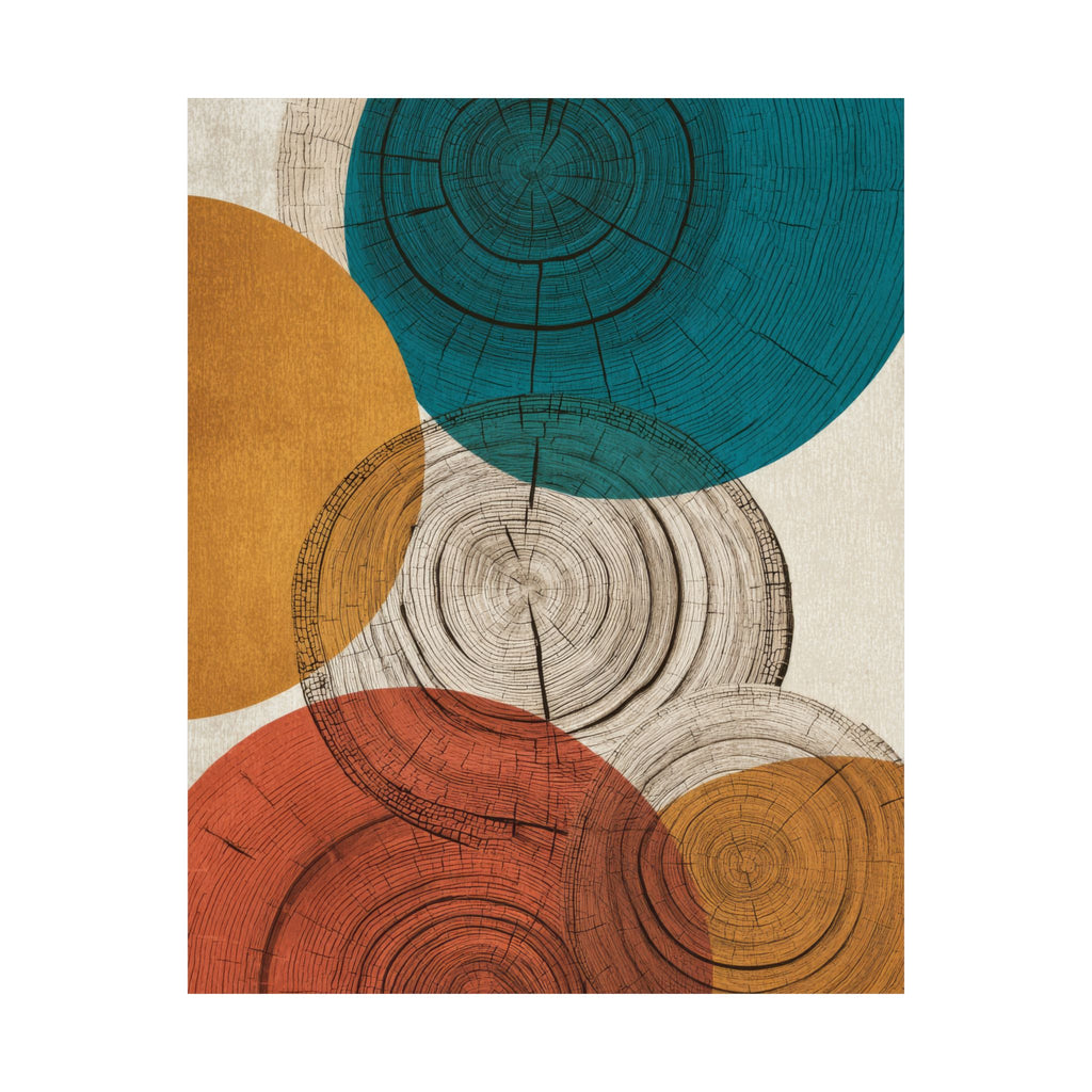 Abstract Tree Ring Art Print | Mid Century Modern Wood Grain Poster | Geometric Growth Rings Wall Art | Japandi Teal Mustard Retro Decor