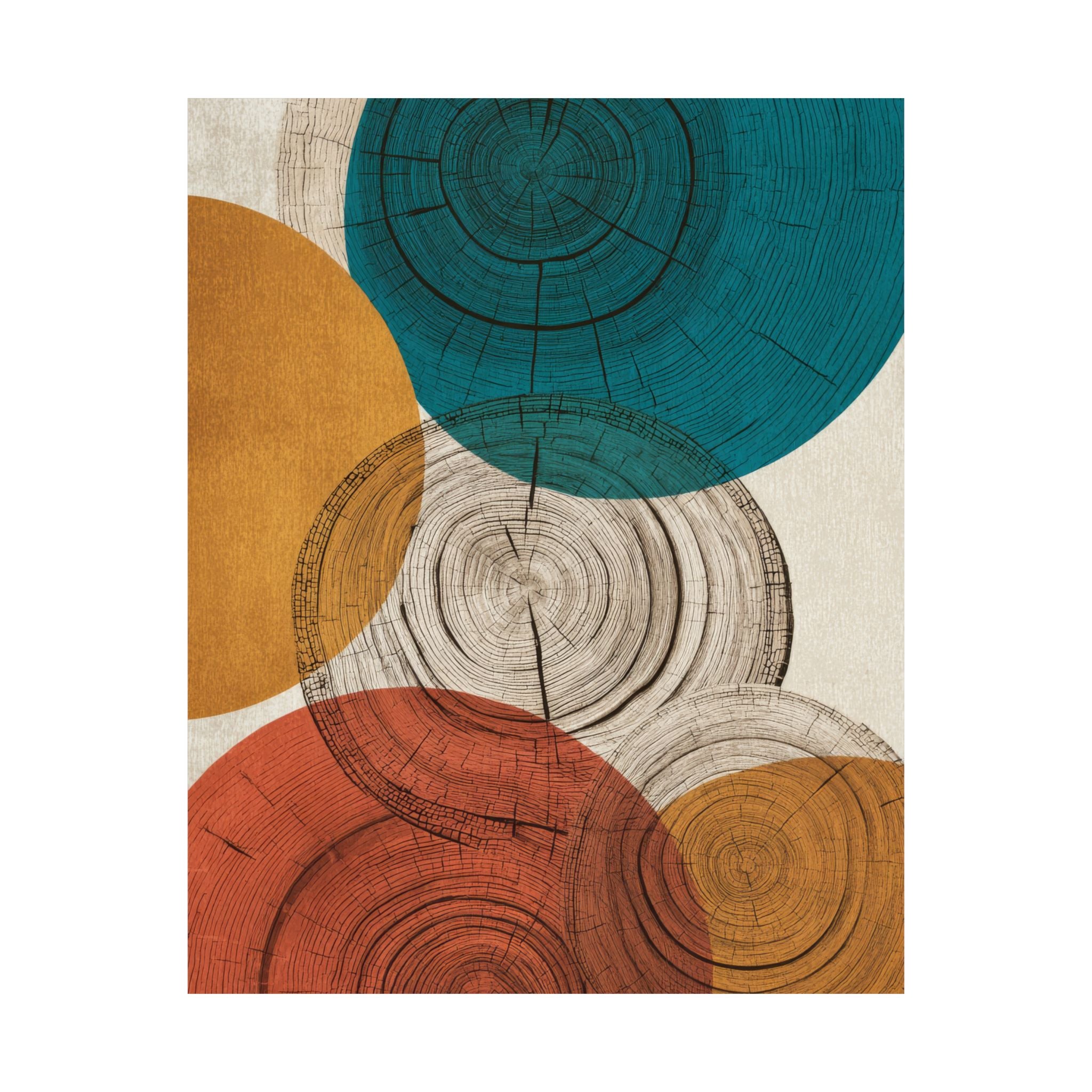 Abstract Tree Ring Art Print | Mid Century Modern Wood Grain Poster | Geometric Growth Rings Wall Art | Japandi Teal Mustard Retro Decor