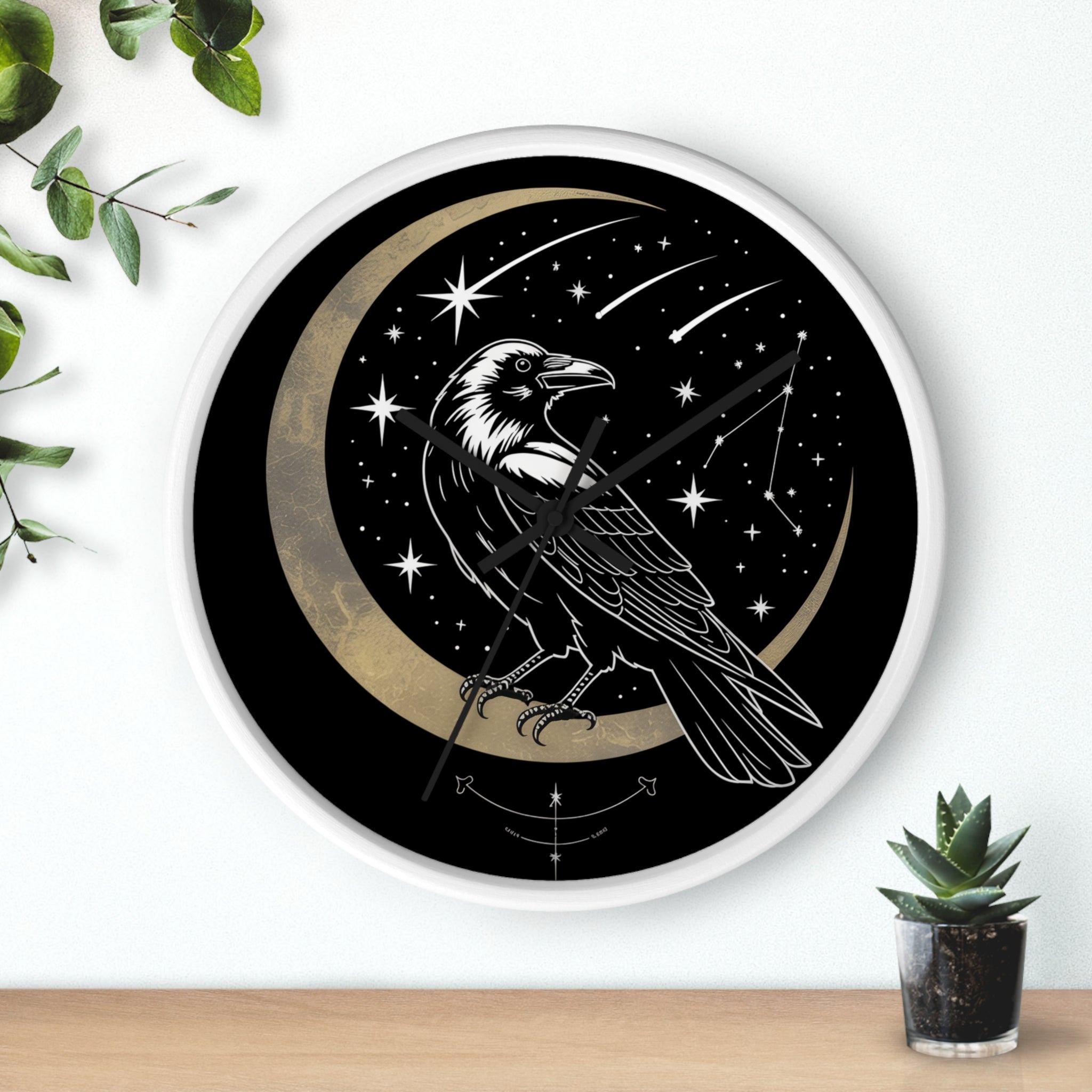 Raven Crescent Moon Wall Clock | Gothic Celestial Stars, Witchy Dark Academia